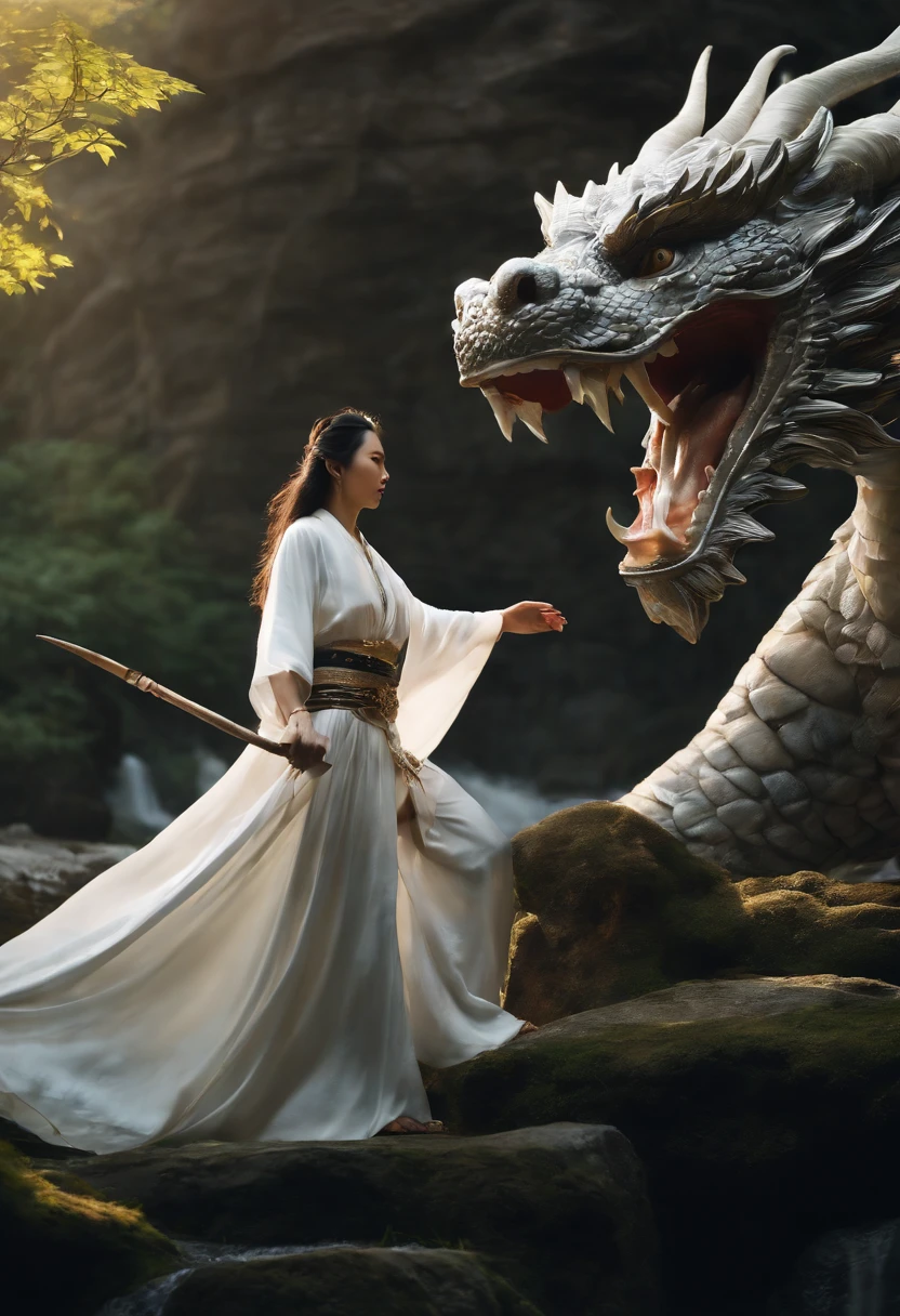 Asian-style white dragon flying around a mysterious waterfall、The white dragon's body is long and undulating like a large snake, and a jewel is held in his right hand.、He roars with magnificent horns and a beard on his head.、Cat-eared girl who challenges the white dragon、[Object Object], (detailed facial features:1.3), (Raw photo, 16 K, masutepiece, Best Quality: 1.2), (ultra-realism, Ultra-dense and complex realism: 1.3), (Wide depth of field, Radiation Mapping, Ray tracing, god rays: 1.2), High dynamic range, Vivid, Rich details, Clear shadows and highlights, Realistic, Formidable, Increased contrast, Cat-eared girl in Japanese clothes fighting a white dragon in a mysterious waterfall、