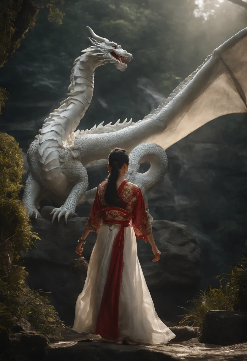Asian-style white dragon flying around a mysterious waterfall、The white dragon's body is long and undulating like a large snake, and a jewel is held in his right hand.、He roars with magnificent horns and a beard on his head.、Cat-eared girl who challenges the white dragon、[Object Object], (detailed facial features:1.3), (Raw photo, 16 K, masutepiece, Best Quality: 1.2), (ultra-realism, Ultra-dense and complex realism: 1.3), (Wide depth of field, Radiation Mapping, Ray tracing, god rays: 1.2), High dynamic range, Vivid, Rich details, Clear shadows and highlights, Realistic, Formidable, Increased contrast, Cat-eared girl in Japanese clothes fighting a white dragon in a mysterious waterfall、
