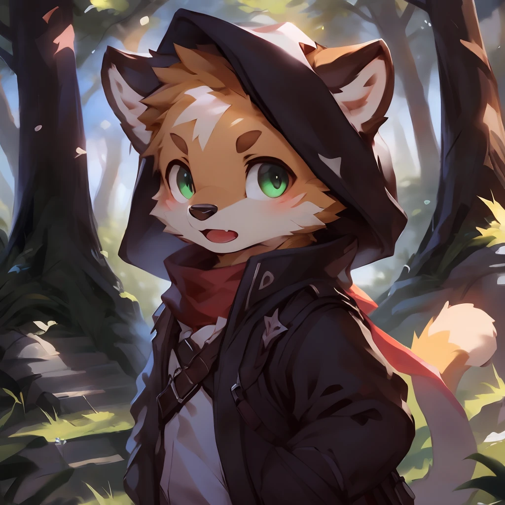 A curious male dog cub pokes its head out of a cozy kennel in the forest. He has yellow fur, bushy tail, Cheer up your big furry ears. He wears the green adventurer's hat and scarf. His eyes were bright and surprised as he looked at the study in the dense woods。。。。, with a sunbeam coming through the trees. Small birds fly nearby,A deer passed by in the distance. The dog cub is excited, Express wishes, Get ready to explore the outside world.
break
anthropology,Furry,feral,(Digital media \(artwork of a\):1.2),(hi,It's nothing,absurd res:1.2),Perfect anatomy,Anatomically correct,Detailed,Detailed face,Detailed eyes,(Realistic fur,Detailed fur:1.25),Detailed background,amazing background.
Break
(author:Puinki \(artist\):1.2),(author:Unreal Land,author:Sumi Kuroi,author:Milk Tiger 1145,author:Morkey,author:Emolga 1,Through oocysts:1.2),(author:Xia Huaiting:0.8),(by Pino Daeni:0.8),(author:Sios Shiru:0.8),(by Chunie:0.8).