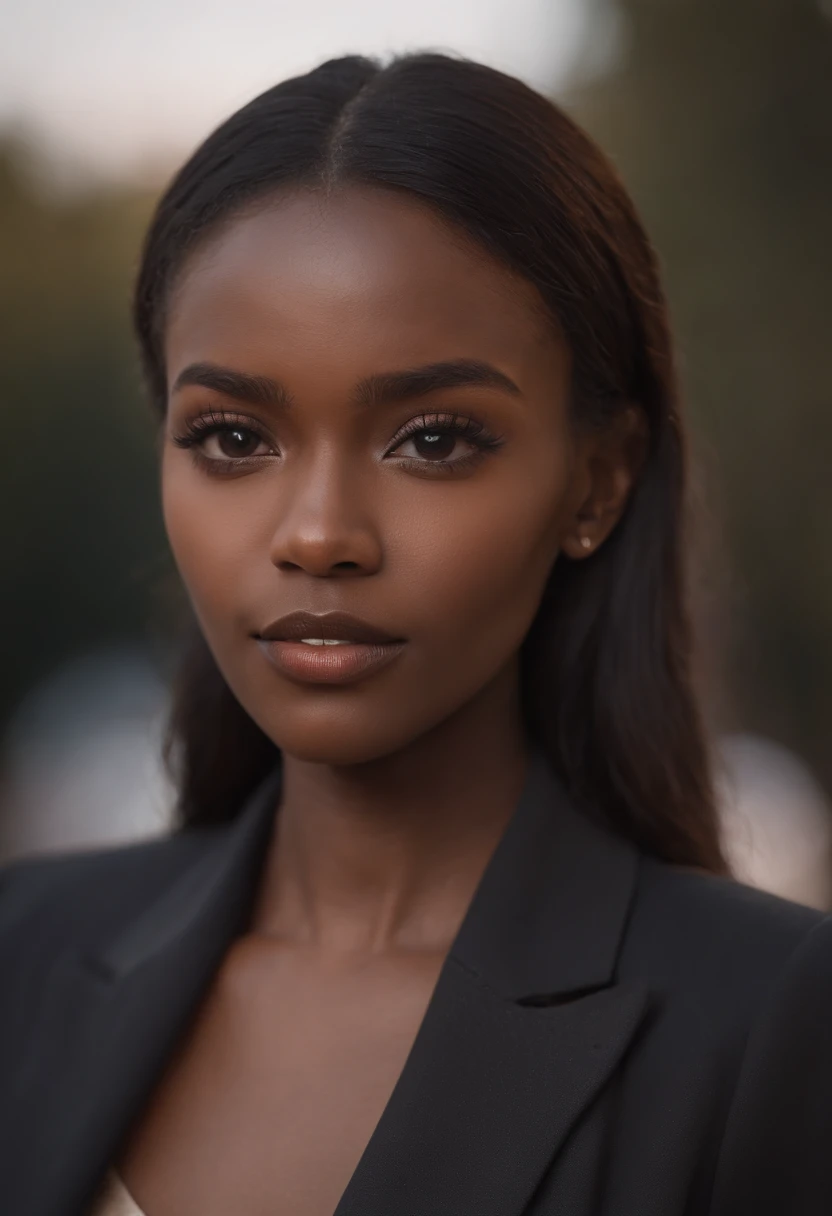 sombre et sombre, 8k, Close-up photo of a 25-year-old Senegalese beautician woman with a dark background at night, (African realistic hair and with light waves) , Makeup, huiles a levres, yeux bruns, (Porter un blazer de couture louis vuiton ????, chemisier en soie noire et pantalon de couture droit ????), Regarder avec confiance, hyper realistic, {Une fille avec une belle peau olive}, (Highly detailed skin: 1.2) {{{Masterpiece}}}, lifelike texture, composition dynamique, Fujifilm XT2, 85mm F1.2, Shutter Speed 1/80, (Bokeh), high contrast