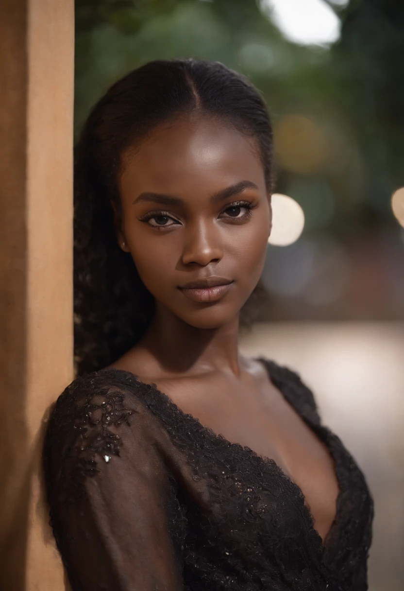 1girll,(((Dark black skin 1.2))),ballet flats,Mature middle-aged woman,Conservative Women,Conservative traditional clothing,Smoky makeup,freckle,Dark eyeshadow,Full-body art,Black skin,a dark tanned skin,Melanin pigmentation of the skin,very dark skin,Exposed outdoors,fully body photo