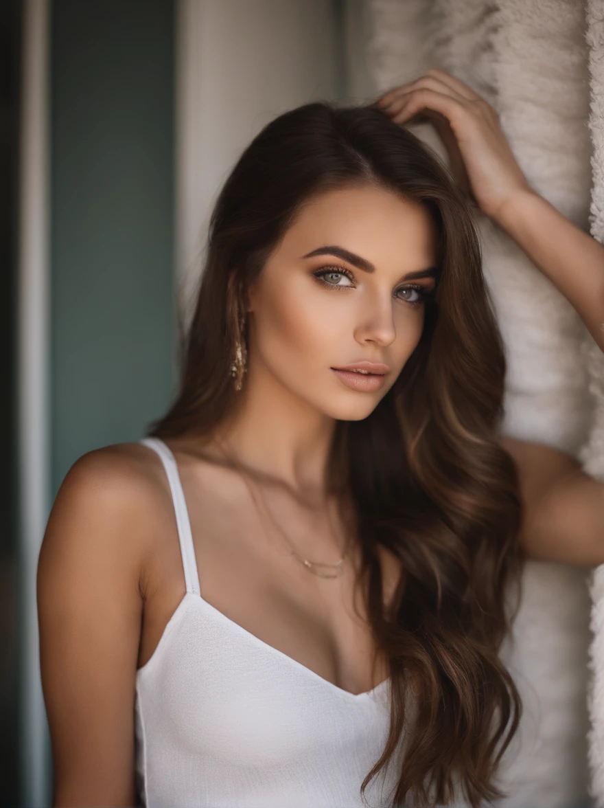 Arafed woman with a white tank top and necklace, fille sexy aux yeux verts, Portrait Sophie Mudd, cheveux bruns et grands yeux, selfie of a young woman, Yeux de chambre, Violet Myers, sans maquillage, maquillage naturel, looking straight at camera, Visage avec Artgram, Maquillage subtil, Superbe photo du corps entier, piercing green eyes, Bel angle, pose attrayante, fille mignonne, sexy pose, Image du corps entier, corps entier, Prise de vue du corps entier, brunette goddess, High detail, pose satisfaite, Pantalon en cuir