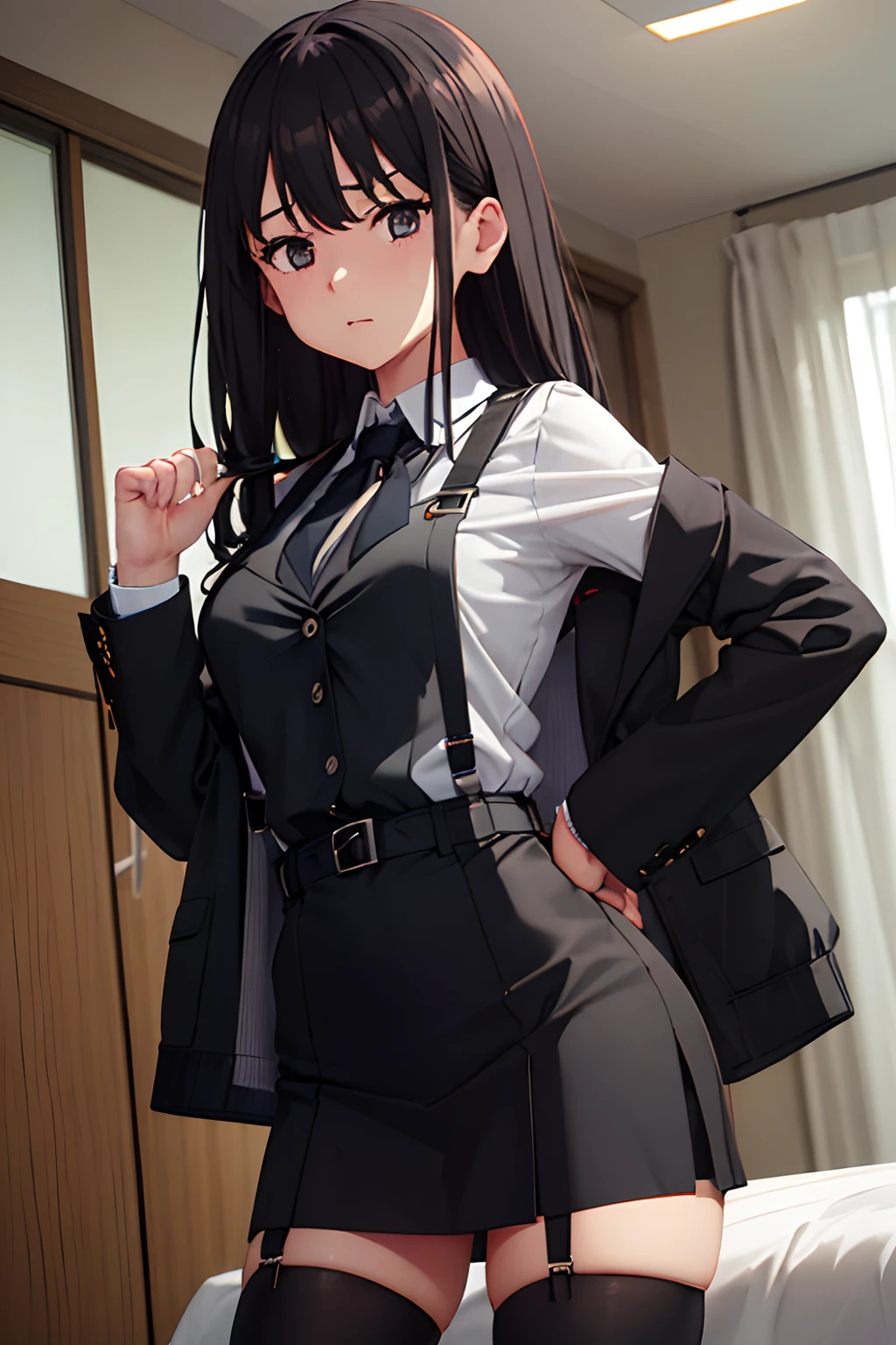 Suit,Collared shirt,Belt bag,Suspenders Black Miniskirt garterbelts knee high Stockings Black Niso Colorcon armpit sweat perspiring Side of both hands,Black jacket,Gaze,ample bosom,Armpit sweat,Exposing the armpits"Tight clothes、Raise your hands、wristbands Lying in bed Behind the back closing eye
