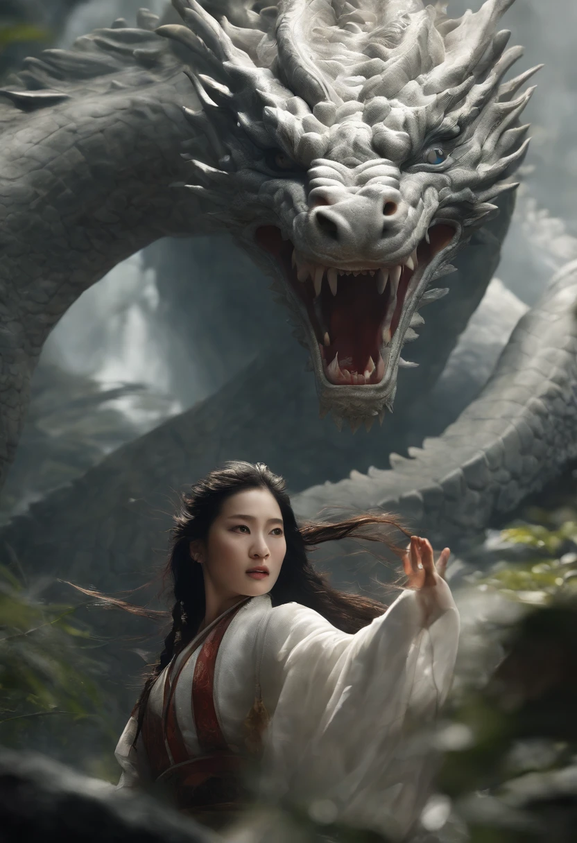 Asian-style white dragon flying around a mysterious waterfall、The white dragon's body is long and undulating like a large snake, and a jewel is held in his right hand.、He roars with magnificent horns and a beard on his head.、Cat-eared girl who challenges the white dragon、[Object Object], (detailed facial features:1.3), (Raw photo, 16 K, masutepiece, Best Quality: 1.2), (ultra-realism, Ultra-dense and complex realism: 1.3), (Wide depth of field, Radiation Mapping, Ray tracing, god rays: 1.2), High dynamic range, Vivid, Rich details, Clear shadows and highlights, Realistic, Formidable, Increased contrast, Cat-eared girl in Japanese clothes fighting a white dragon in a mysterious waterfall、