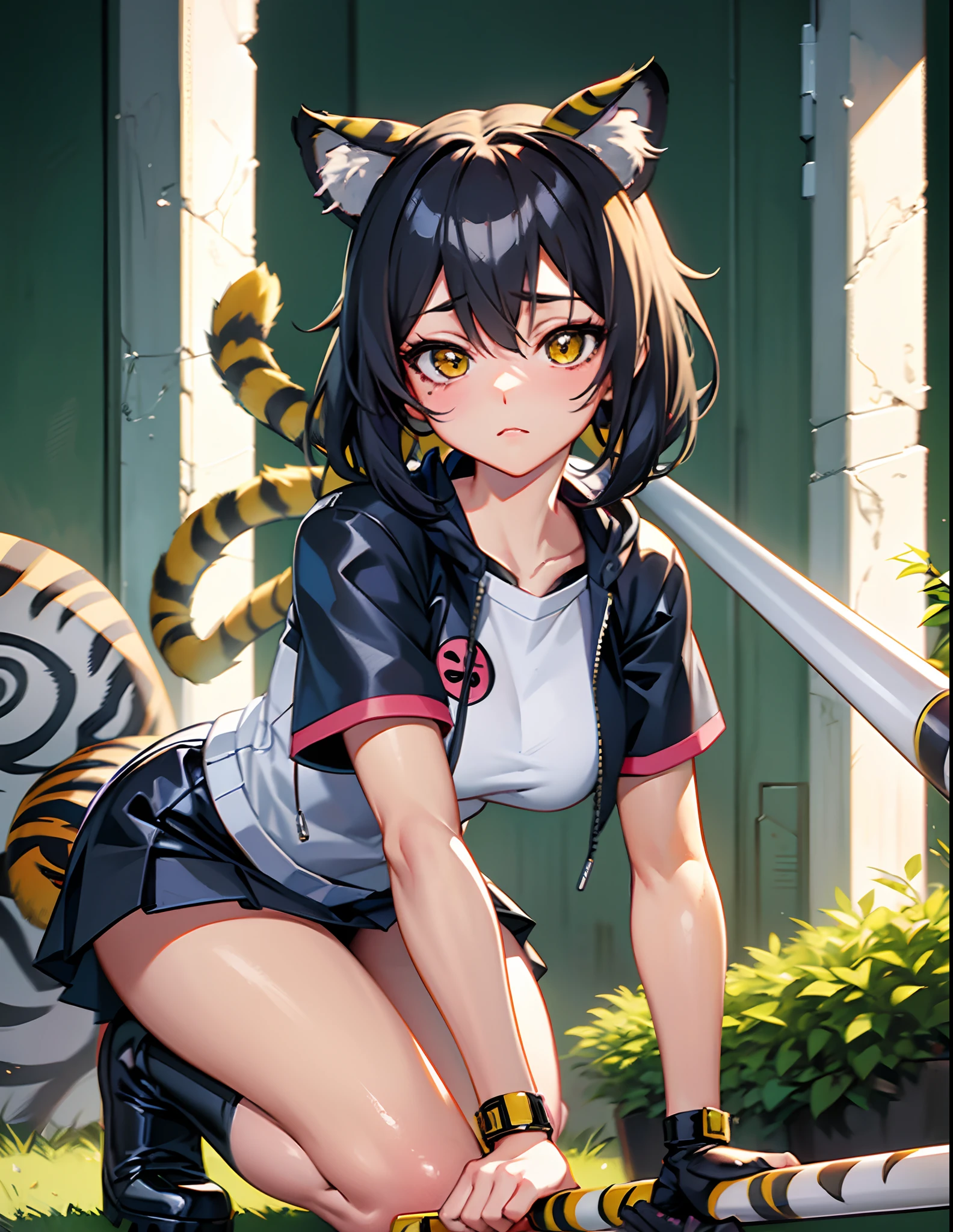anime girl sitting on the ground with a baseball bat in her hand, insect trainer girl, made with anime painter studio, anime catgirl, けもの, Rei Hiroe, (bee), Anime Character; Full Body Art, the anime girl is crouching, human structure bee concept art, cute anime catgirl, ((a tiger))