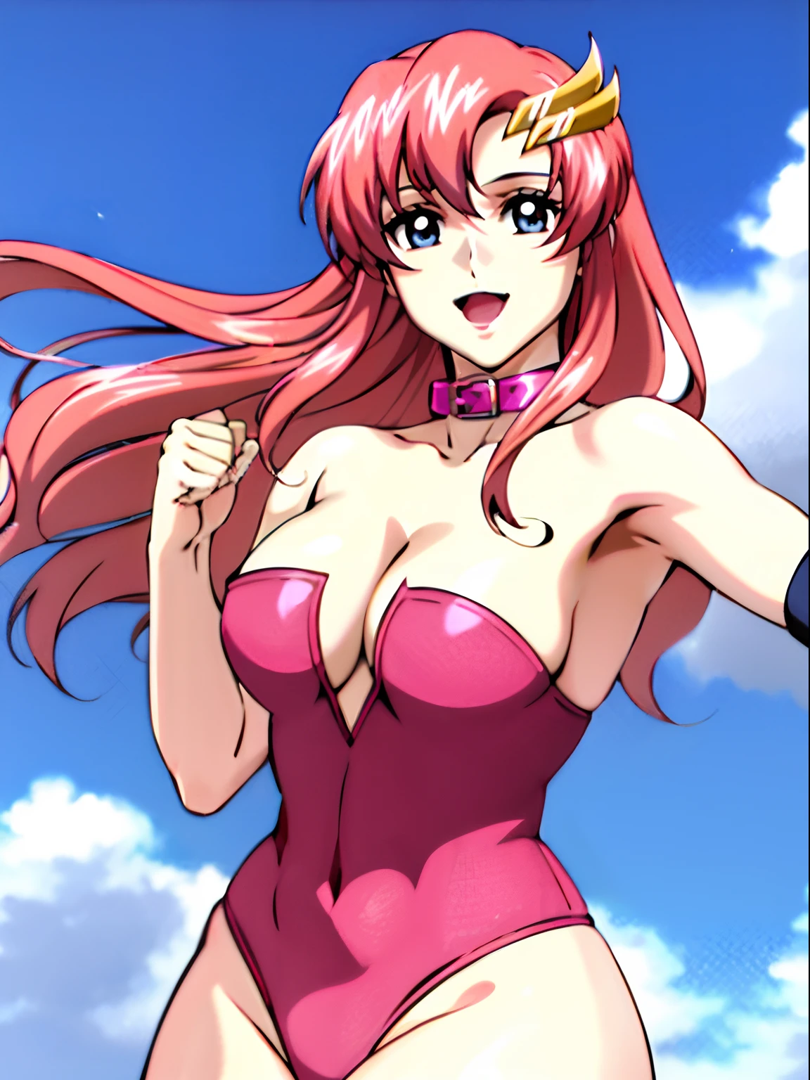 (((pink strapless wrestling outfit, collar))), (masterpiece, leaning, open mouth, 4K, Best Quality, Anime style: 1.9,, Adult Woman, ultra detailed face, (cloud background, wrestling), Drawing lines, Anime, lacus4), 1girl, Solo, curvy figure, Long hair, 鎖骨, scapular, (Detailed wide hair bangs, missy hair, floating hair, Hair Ornament, Detailed reddish-pink hair, golden crest), cleavage, large hands, (pro female wrestler). (Big blue eyes), ((female wrestler, little biceps, slender body, hourglass figure, broad shoulders, closed fists)), ((perfect proportions, medium breasts, cleavage, long belly)), (((mini pink wrestling outfit))), ( looking at the viewer, anime, smile),