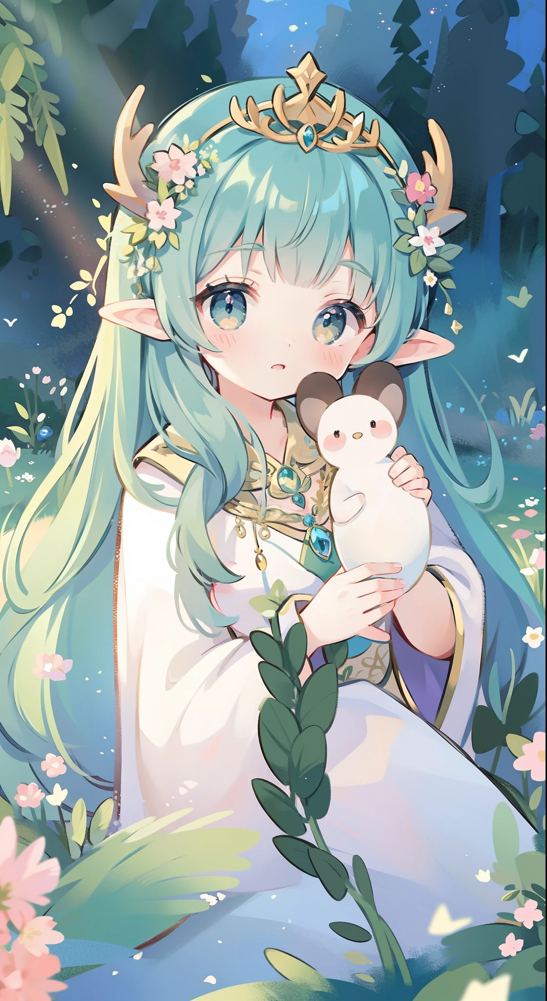 high high quality,masterpiece,Delicate facial features,Delicate hair,Delicate eyes,Delicate hair,animemanga girl,deer antlers,Black color hair,florals, Dreamy style, Fantastic flower garden,fantasy style clothing,Romantic dress, beautiful and elegant elf queen, a beautiful fantasy empress, Fantasy art style, ((a beautiful fantasy empress)), Anime fantasy illustration, high priestess, fey queen of the summer forest, anime art nouveau, goddess of the forest, portrait of an elf queen, A beautiful artwork illustration,8K high quality detailed art(Delicate facial portrayal)(Fine hair depiction)(highest quality)(Master masterpieces)(High degree of completion)(a sense of atmosphere)8k wallpaper,tmasterpiece,Best quality at best,ultra - detailed