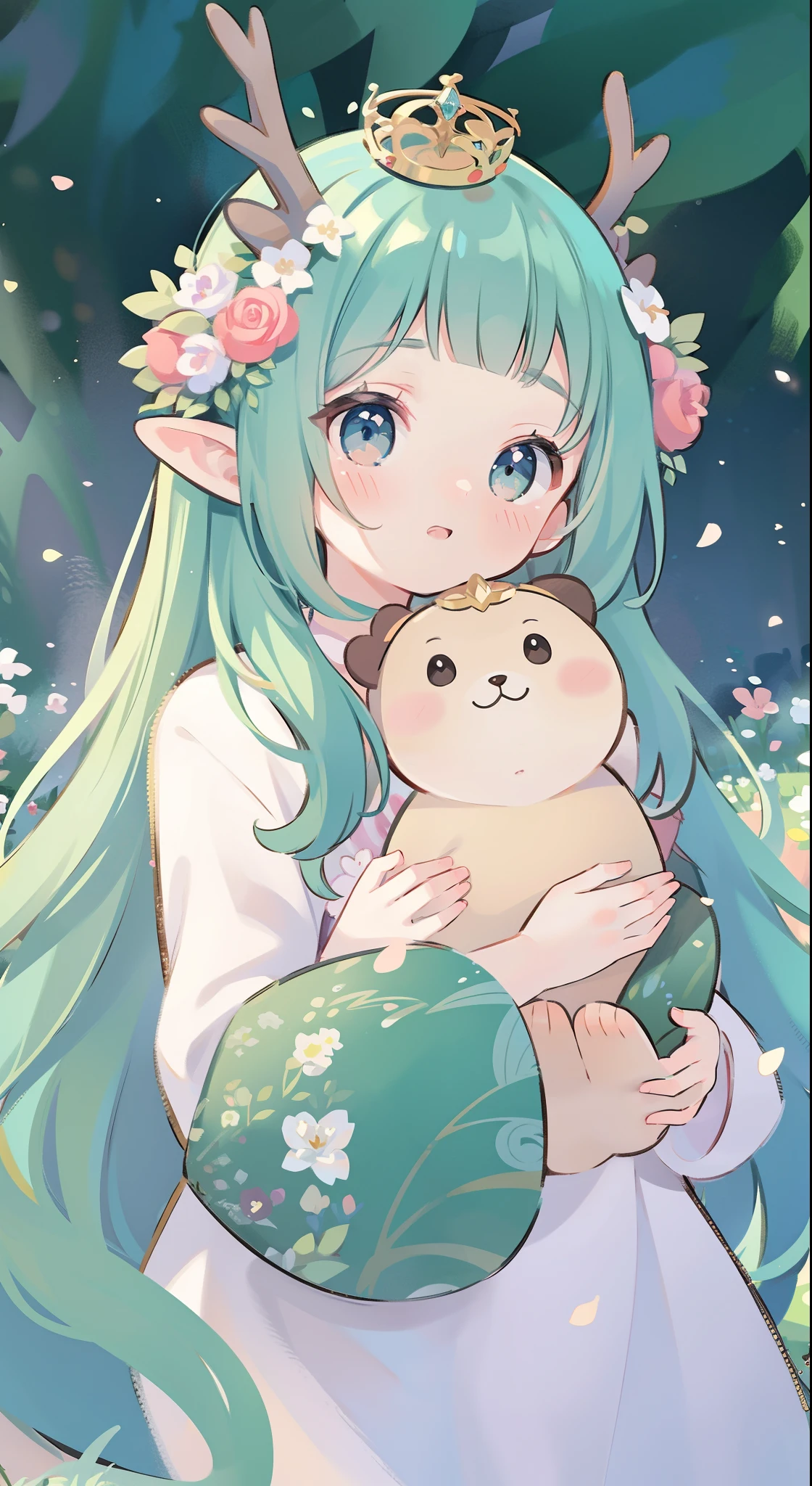 high high quality,masterpiece,Delicate facial features,Delicate hair,Delicate eyes,Delicate hair,animemanga girl,deer antlers,Black color hair,florals, Dreamy style, Fantastic flower garden,fantasy style clothing,Romantic dress, beautiful and elegant elf queen, a beautiful fantasy empress, Fantasy art style, ((a beautiful fantasy empress)), Anime fantasy illustration, high priestess, fey queen of the summer forest, anime art nouveau, goddess of the forest, portrait of an elf queen, A beautiful artwork illustration,8K high quality detailed art(Delicate facial portrayal)(Fine hair depiction)(highest quality)(Master masterpieces)(High degree of completion)(a sense of atmosphere)8k wallpaper,tmasterpiece,Best quality at best,ultra - detailed