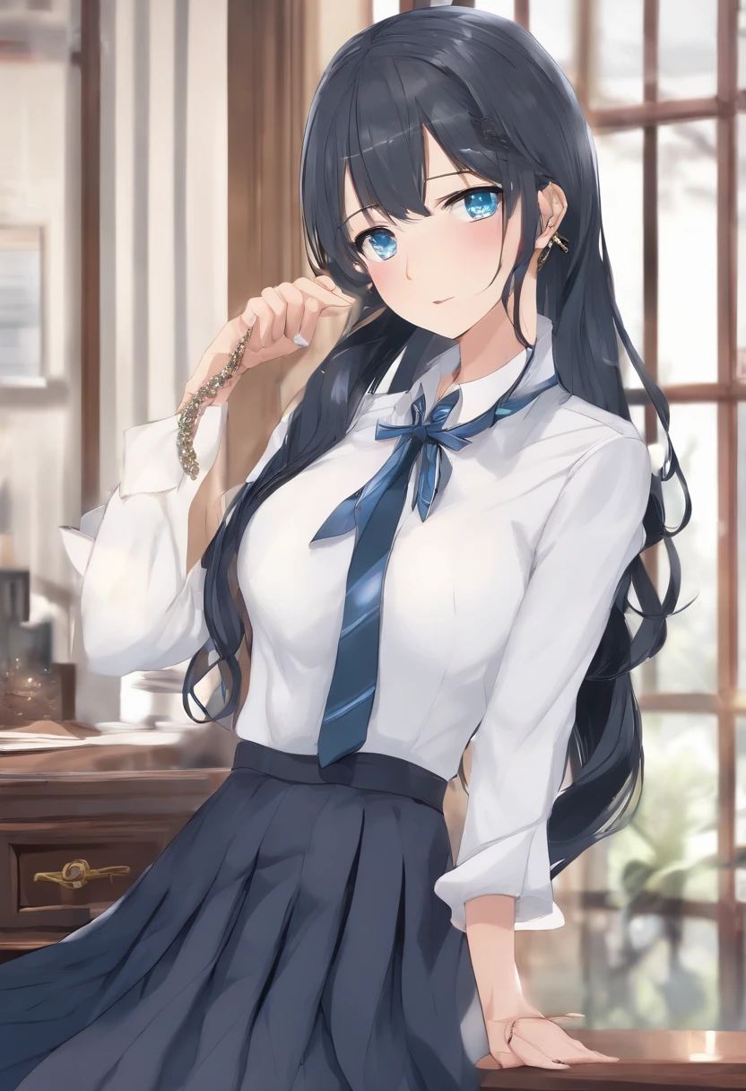 (masutepiece:1.2), Best Quality,pixiv,floods,
1girl in, Solo, Skirt, neck tie, Black hair, Long hair, Shirt, Simple background, Blue background, multicolored hair, Pleated skirt, Jewelry, School uniform, White shirt, Blue hair, Black skirt, earrings, Looking at Viewer, Collared shirt, From Side, breasts, Long sleeves, ear piercings, Piercing, Ponytail, Wavy Hair, Blue eyes