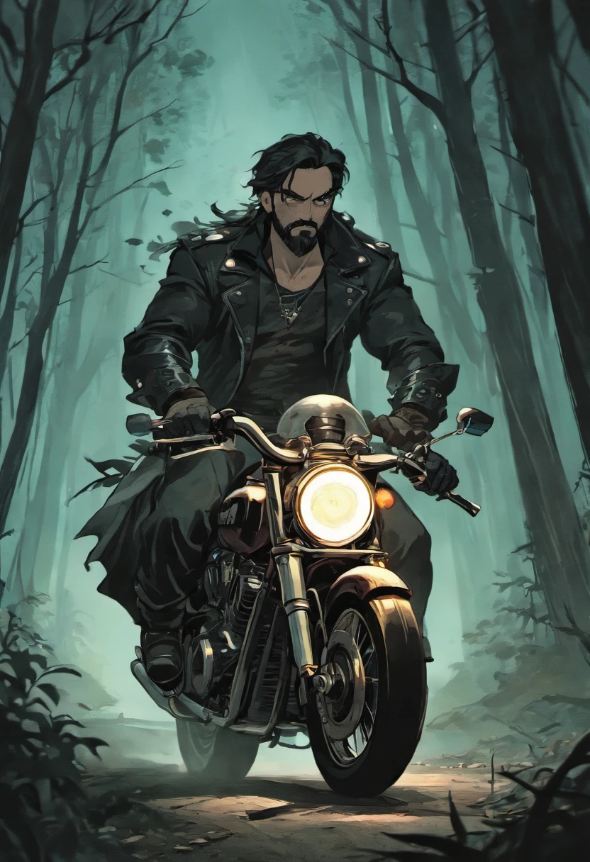 Subject Description: Imagine a detailed comic book art style illustration featuring a vintage heavy man with long hair and a beard riding a Harley Davidson motorcycle through a dark and foreboding forest. The man, resembling a scarred and weathered version of Scarface, exudes a sense of power and determination. He wears shiny leather clothing, including a jacket with a distinct emblem and pants adorned with studs. The motorcycle is shown in dynamic motion, with the man leaning into a turn, creating a sense of speed and excitement. The forest is depicted as a dark and eerie place, with twisted and spiraling tree branches creating a menacing atmosphere. The road is shrouded in fog, adding to the mystery and danger of the scene. A full moon looms in the background, casting an eerie glow on the surroundings. The color palette consists of dark blacks and beiges, enhancing the gritty and noir mood of the image.

Detailed Comic Book, Vintage, Noir
Art Inspirations: The gritty illustrations of Tim Bradstreet, the vintage style of Jock's "The Losers" covers, and the atmospheric art of Dave McKean.
Camera: Long shot
Camera Lens: 70mm
View: Front
Resolution: 4K
Render Style: Bold and dynamic linework with emphasis on lighting and composition