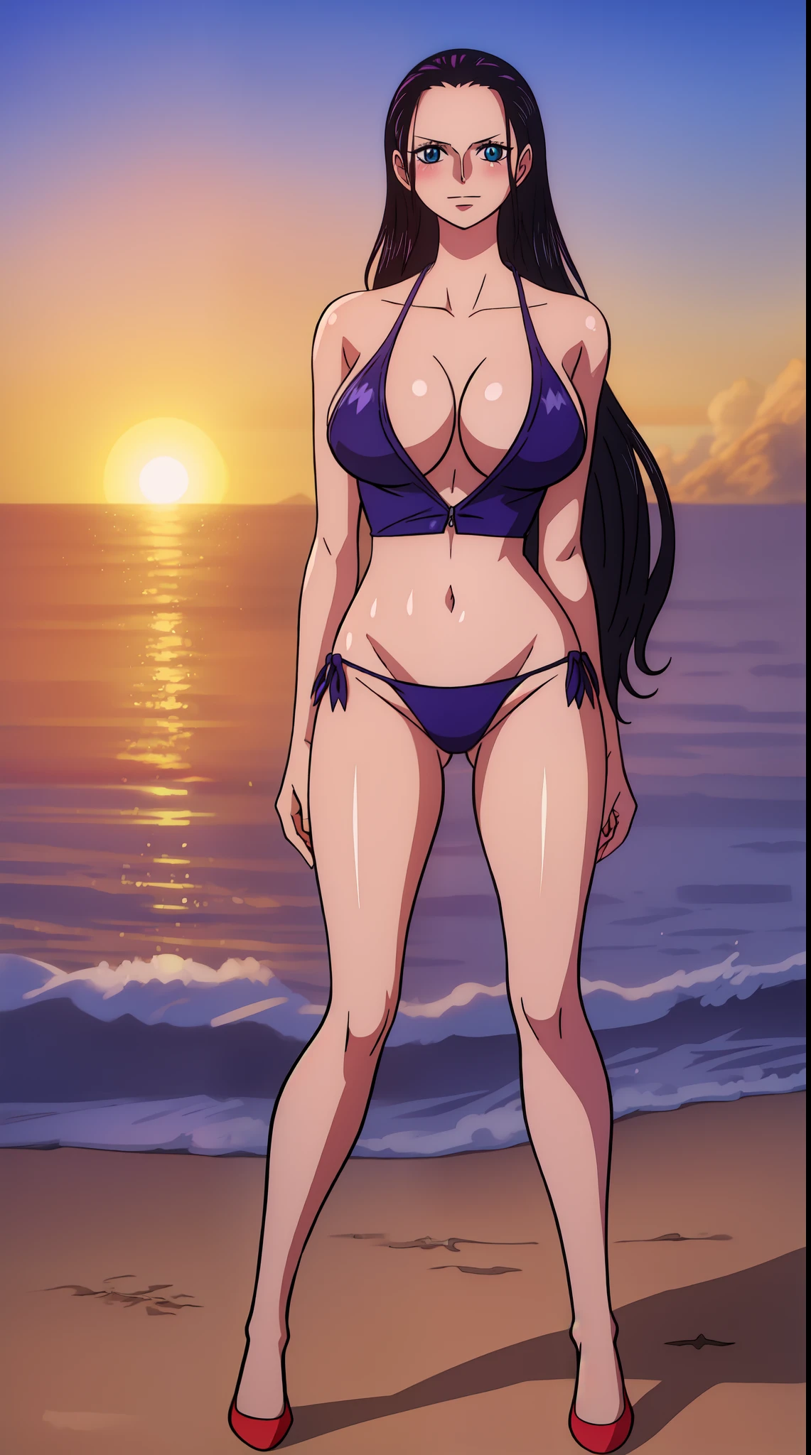 Nico Robin from one piece, black long hair, blue eyes, dark wide pupils, blushing, big breasts, side boobs, wearing thong bikini, standing in the beach, dynamic view, dynamic pose, joyful expression, sunrise,