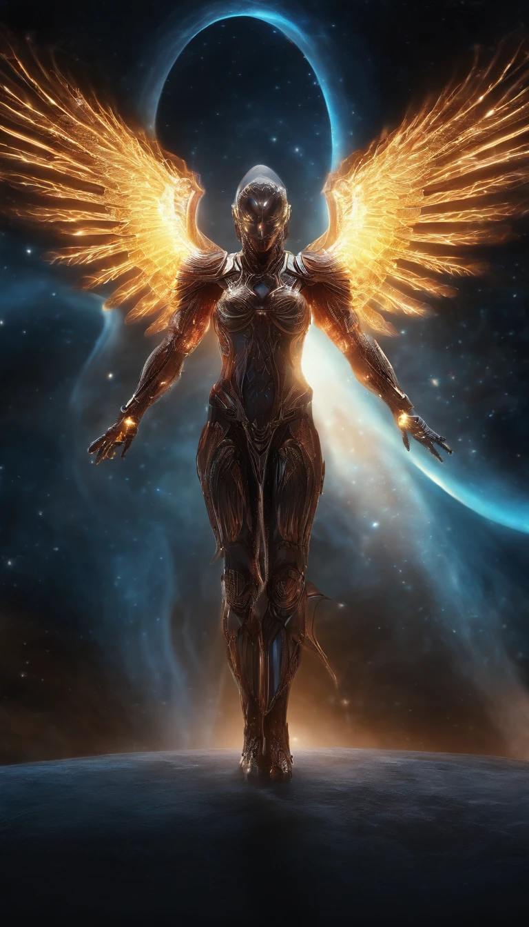 Angel of the universe, glowing light eyes, biomechanical, eery, creepy, nightmarish, Very bright colors, light Particle, with light glowing, Musif, Wallpaper Art, UHD Wallpapers、Highest Quality、with light glowing,glow effect、realisitic、Front-facing image、Ultra-high quality backgrounds、myterious