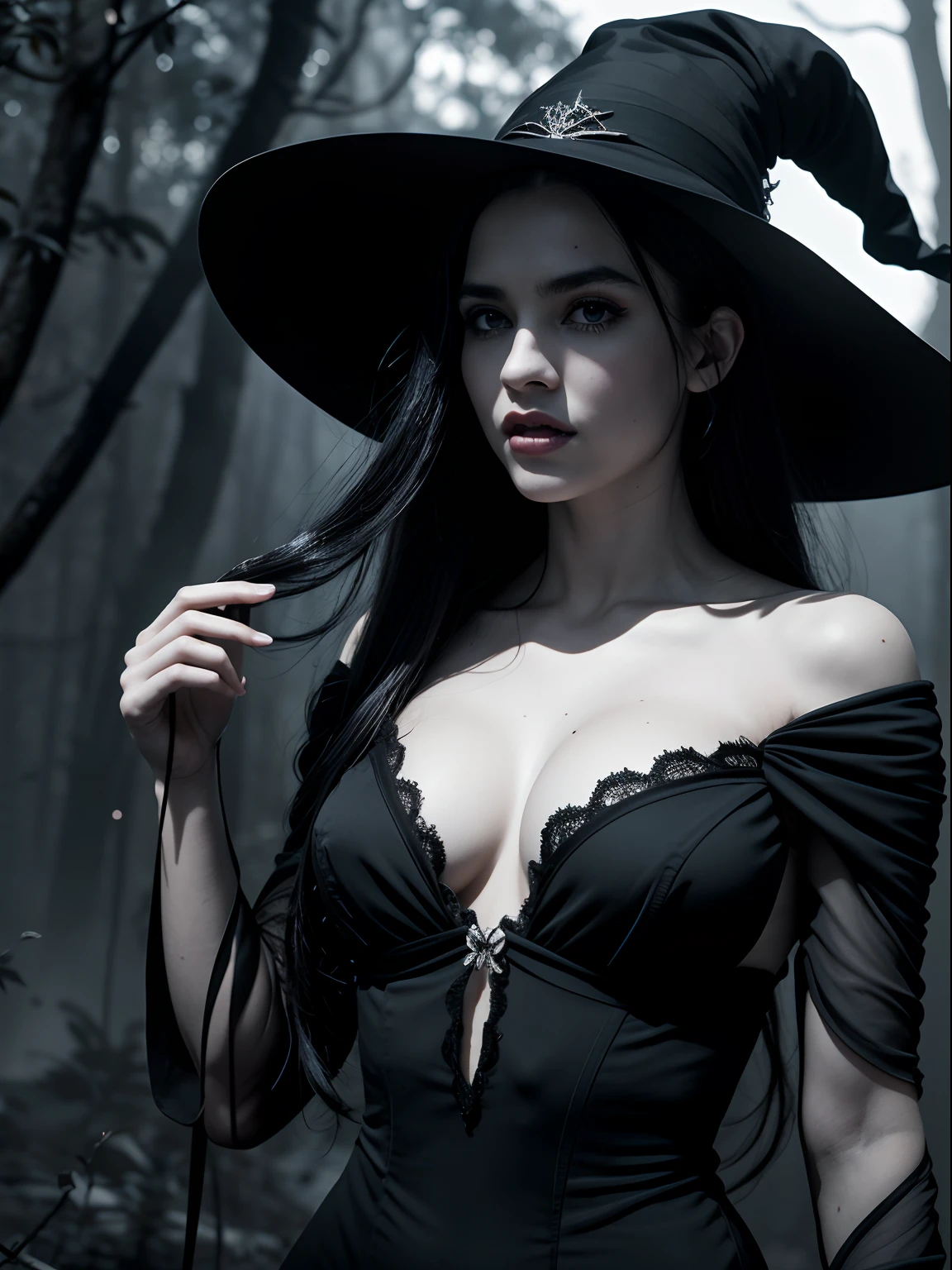 (A black-haired demonic woman)(best quality,ultra-detalhado,Realistic:1.37),Demonic Witch(demoniaca:1.1)(nebrina)(floresta)(Sombrio e misterioso,Atmosfera sinistra),cabelo preto vibrante(cabelo preto rodopiante)(flowing white hair),olhos pretos penetrantes,Manto escuro elaborado,brasas ardentes rodopiando(Magic Embers:1.1)(brasas brilhantes), sombras sinistras,supernatural presence(Presence),anoitecer ao fundo(Noite escura:1.1)(floresta mal iluminada),folhagem exuberante e densa(twisting trees)(Mystical Plants:1.1),(Rotating particles)(floating particles),(Ethereal:1.1)(brilho suave),Faint moonlight breaking through the trees,assombroso e cativante(atmosfera assustadora),beleza encantadora,ampla gama de cores(vivid colors)(cores contrastantes),Mystical Kingdom,detalhes impressionantes,dynamic compositing,Trabalhos hipnotizantes,Estilo fotorrealista(estilo piCasso),Impressive shading and lighting,energia explosiva,magical ambiance(atmosfera de fantasia),dreamlike scene: witch hat, vestido longo cobrindo as pernas, Uma bruxa bonita e sexy tirando a roupa para seduzir o espectador que a assiste., She's wearing a black dress made of smoke, estilo surreal, e vai tirando aos poucos, Your eyes are bright blue like a vampire, She's in the dark, Lugar abandonado em um lugar abandonado, A mist spreads through the air making the scene more mysterious and frightening. Ela tem lindos seios pequenos e pesados e uma cintura fina, seus longos cabelos pretos voam como em uma ventania leves como o ar, Their skin is very pale and soft. Malevolent Style