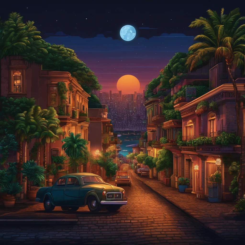 Pixel Art Retro Brazilian City, noite, luzes, barra, cadeira full hd 8k