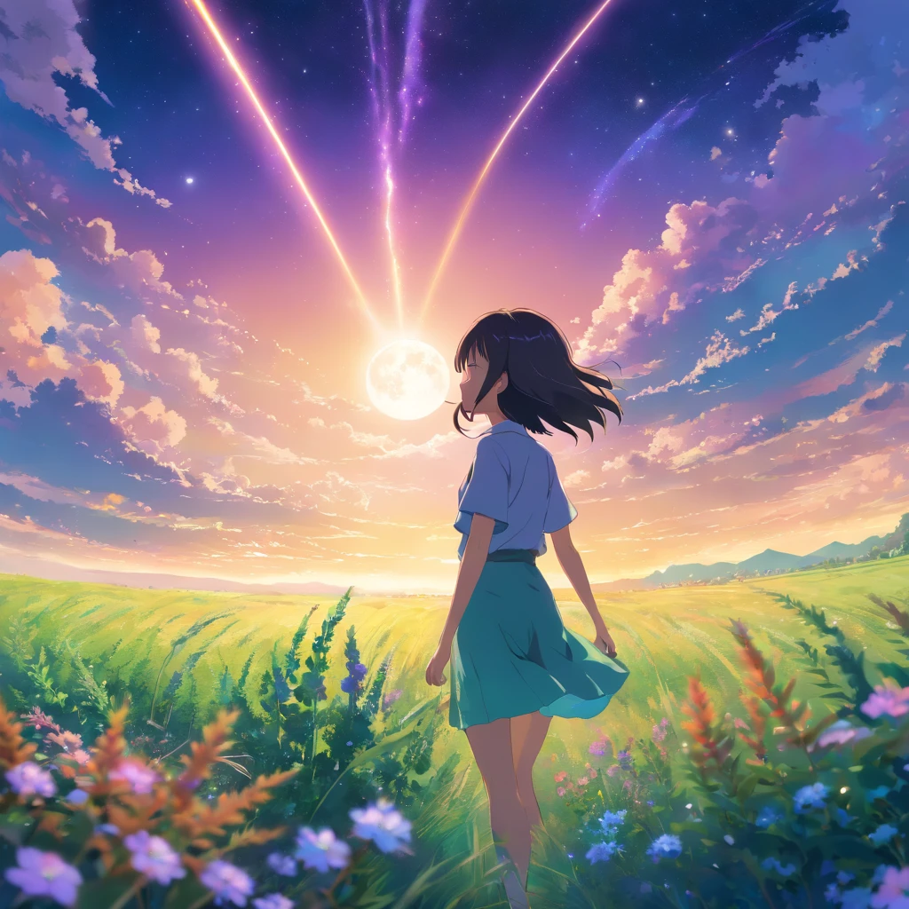 By Shinkai Makoto, Vast landscape photos , (a view from below that shows sky above and open field below), a girl standing on flower field looking up, (fullmoon:1.2), ( shooting stars:0.9), (nebulas:1.3), distant mountain, Tree Break Production Art, (Warm light source:1.2), (firefly:1.2), apples, lot of purple and orange, Intricate details, Volumetric Lighting BREAK (masutepiece:1.2), (Best Quality), 4K, Ultra-detailed, (dynamic compositions:1.4), Highly detailed, Colorful Detail,( Iridescent colors:1.2), (Glowing lighting, Atmospheric lighting), Dreamy, Magical, (Solo:1.2)