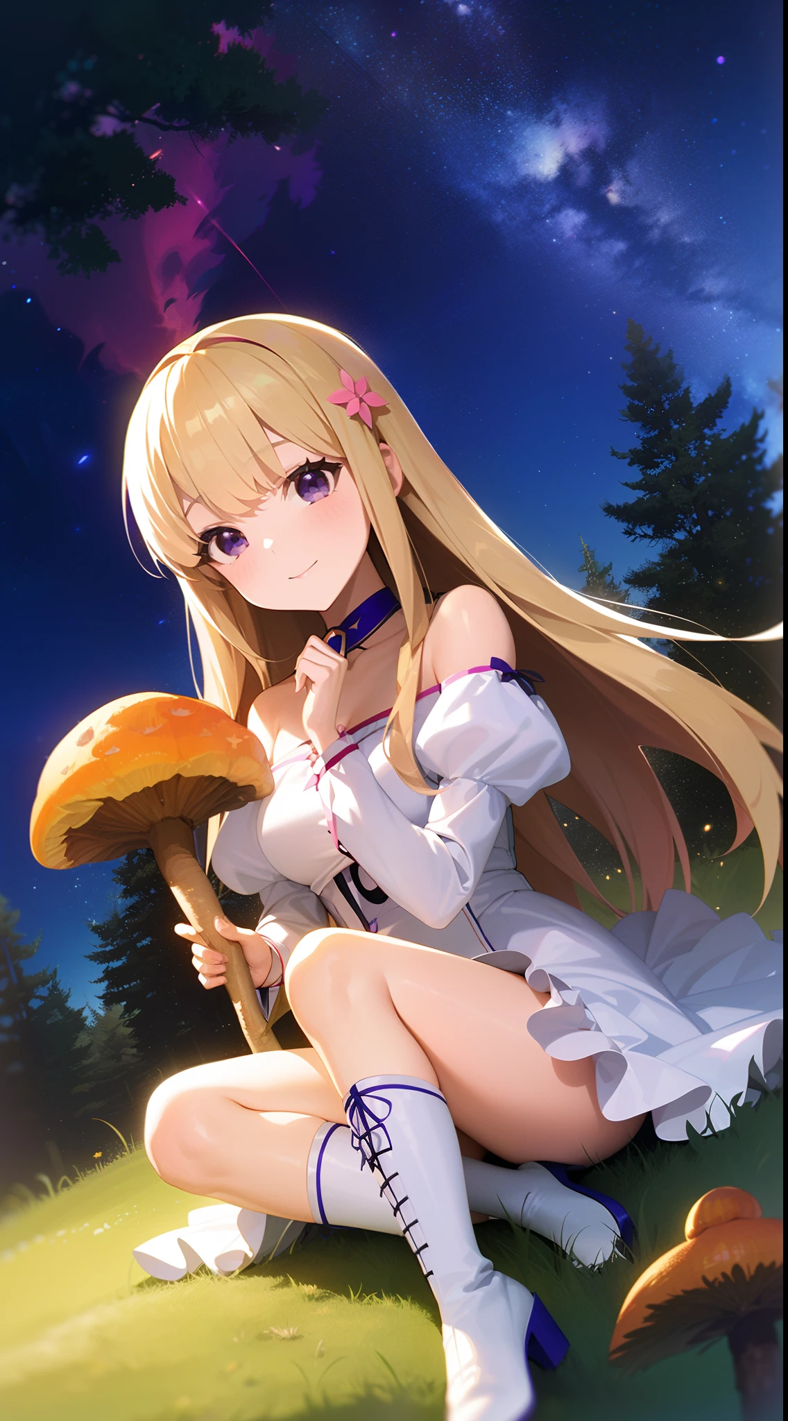 Light blonde haired anime girl with pale blue purple eyes wearing pink off shoulder puffy sleeves dress and knee length white boots sitting in the woods next to an orange mushroom surrounded by fireflies under starry sky sitting