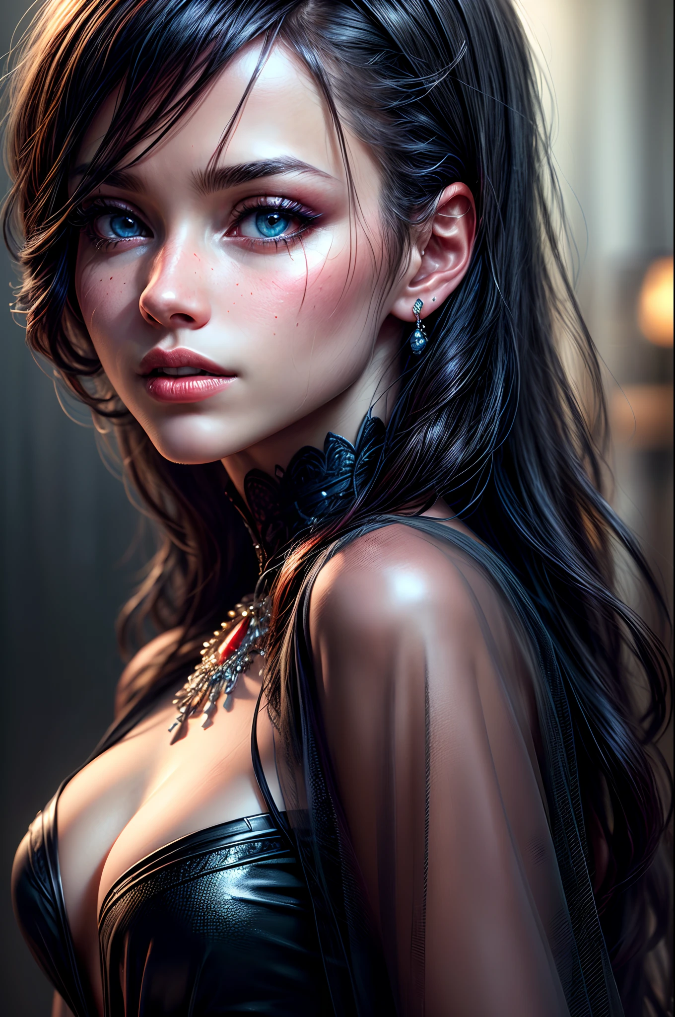(best quality,4k,8k,highres,masterpiece:1.2),ultra-detailed,(realistic,photorealistic,photo-realistic:1.37),long black hair,fair skin,blue eyes,silk dress,jewels,fantasy,portraits,vivid colors,soft lighting