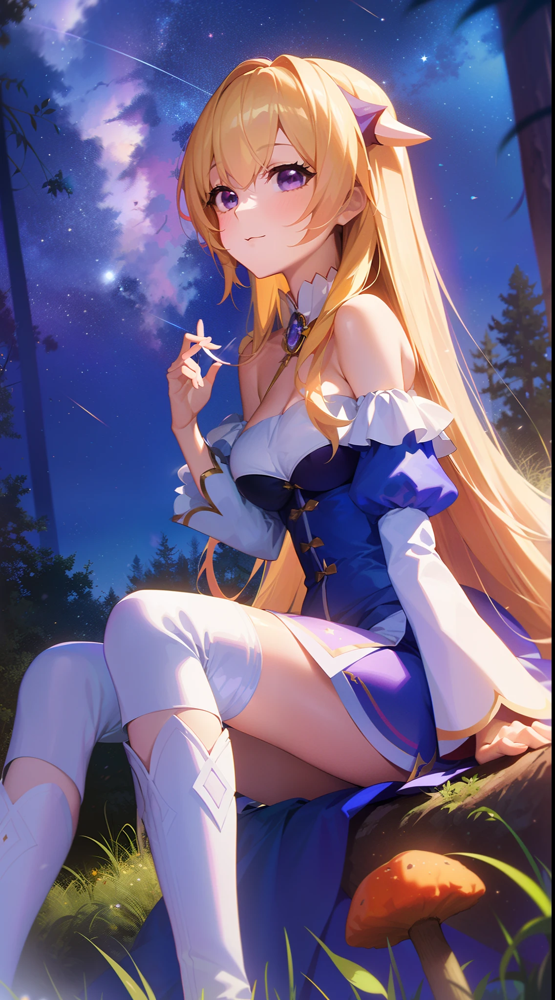 Light blonde haired anime girl with pale blue purple eyes wearing pink off shoulder puffy sleeves dress and knee length white boots sitting in the woods next to an orange mushroom surrounded by fireflies under starry sky sitting