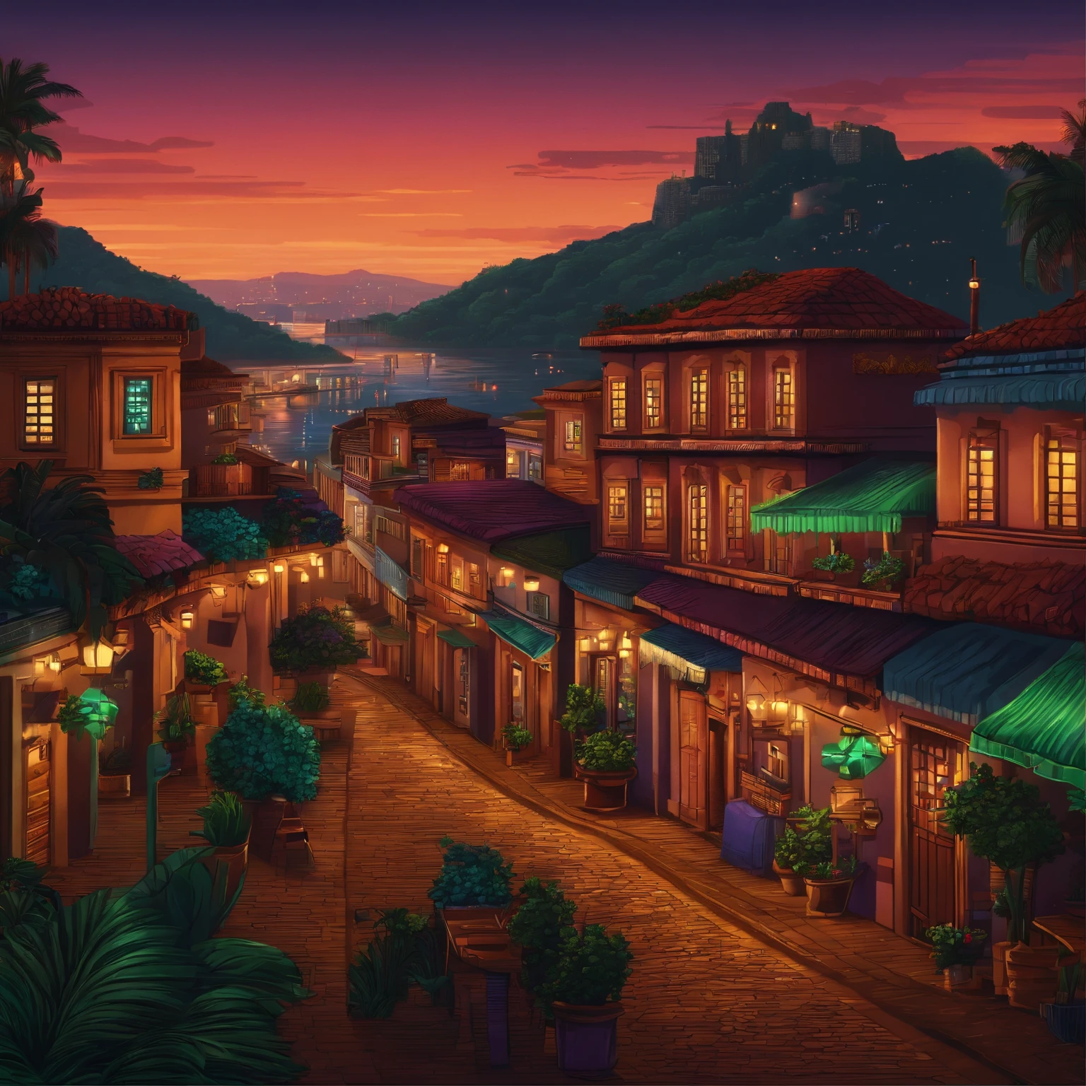 Pixel Art Retro Brazilian City, noite, luzes, barra, cadeira full hd 8k