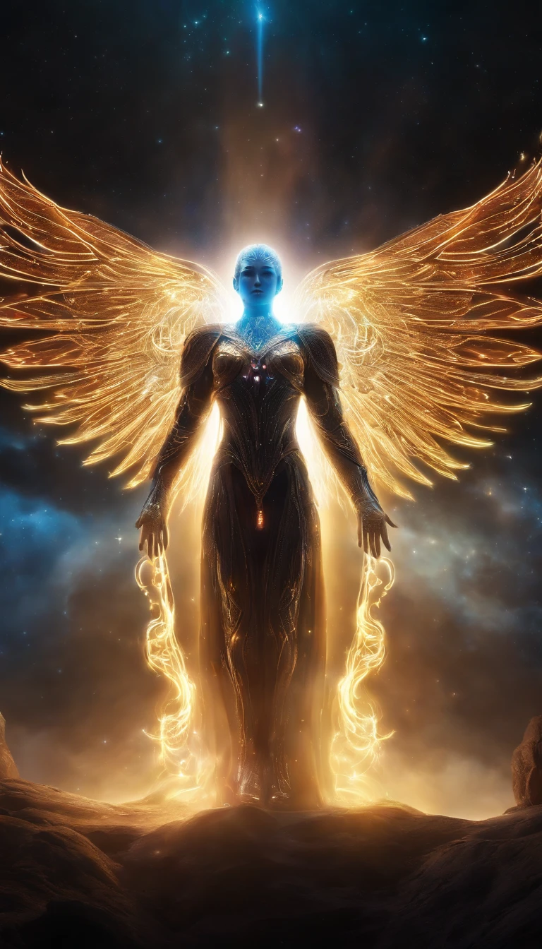 Angel of the universe, glowing light eyes, biomechanical, eery, creepy, nightmarish, Very bright colors, light Particle, with light glowing, Musif, Wallpaper Art, UHD Wallpapers、Highest Quality、with light glowing,glow effect、realisitic、Front image、Super high quality backgrounds、myterious、Aurora、Shining stars々
