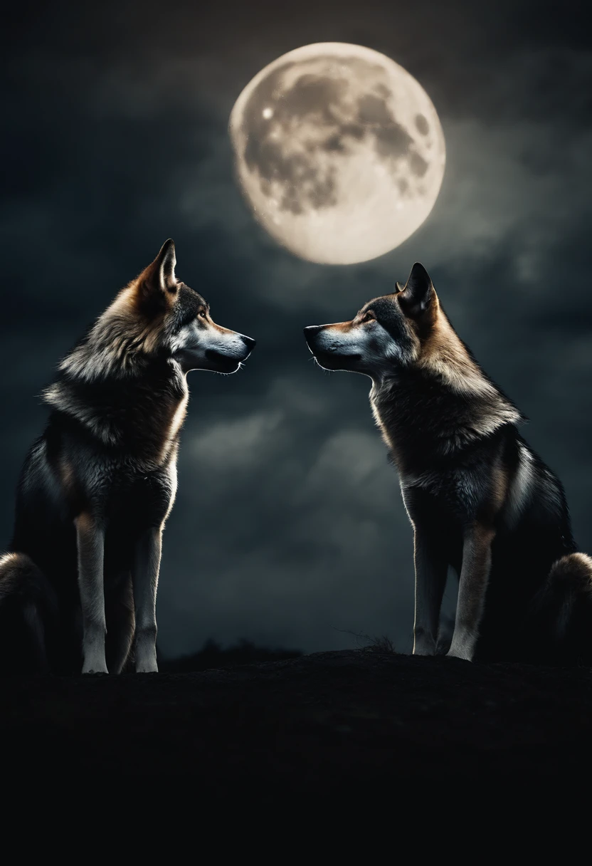 Two wolves each on one side looking at each other in the background It's night with a cloudy sky with a beautiful and big moon illuminating them