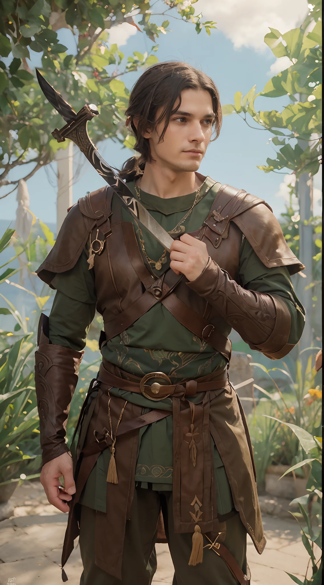 Um retrato de fantasia magistralmente elaborado e intrincado que retrata um guarda florestal de elfos de meia-idade robusto e determinado, vestido em tons terrosos, ostentando cabelos pretos e longos,wielding a bow and arrow with ferocious precision and holding a short sword with a determined gaze fixed on his target. Elvish male sex. Aparencia de jovem-adulto, com um leve sorriso no rosto , olhos verdes e orelha de elfo nao muito grande