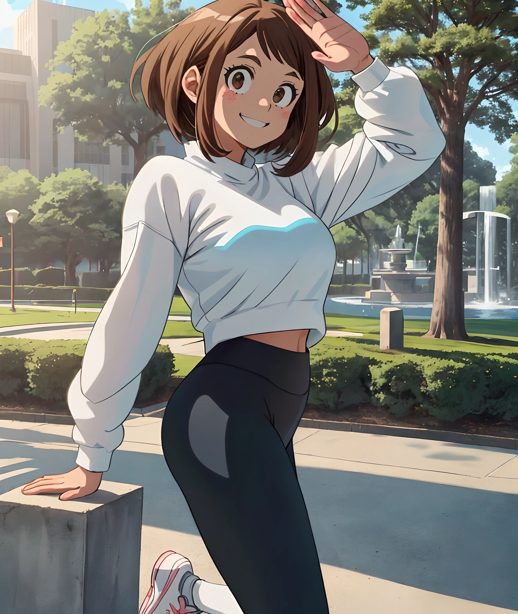 [ochako uraraka], [Boku no hero academia], ((masterpiece)), ((HD)), ((high quality)), ((solo portrait)), ((front view)), ((cowboy shot)), ((anime)), ((Kohei Horikoshi)), ((detailed shading)), ((cel shading)), ((intricate details)), {ochako, (rosy cheeks), big round brown eyes, short brown hair, short eyelashes, large boobs, (gorgeous hips), (beautiful legs), (cute smile)}, {(white sweater), (black spandex yoga pants), (light blue sneakers)}, {(standing), (waving at viewer), (looking at viewer)}, [Background; (park), (grass), (trees), (fountain), (blue sky), (sun rays)]