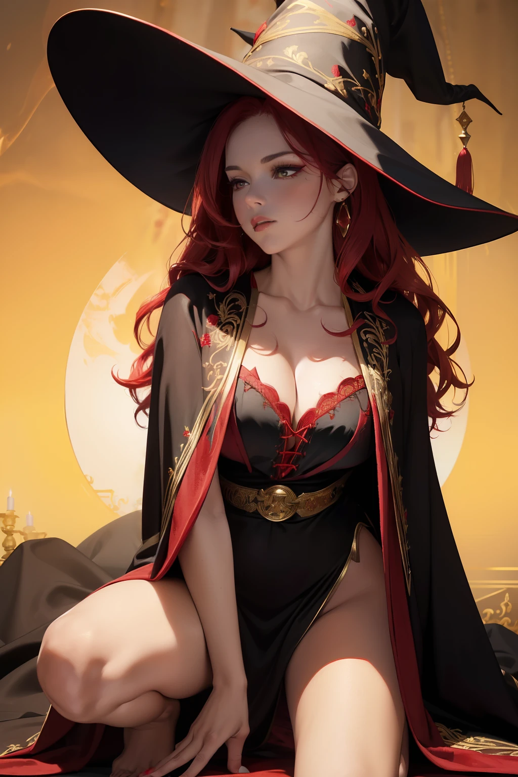 ((masterpiece, best quality, ultra-detailed, ultra-HD, photorealistic, cinematic)), (medium camera shot:1.2), (sensual pose, from below, crouching), (alluring and voluptuous female witch), perfect anatomy, perfect face, large cleavage, proportioned hands, (vibrant, long, and wavy crimson red hair with fiery undertones:1.3), (A black and red velvet witch robe with gold embroidery:1.4), (a red and gold pointed witch hat), (dynamic background)