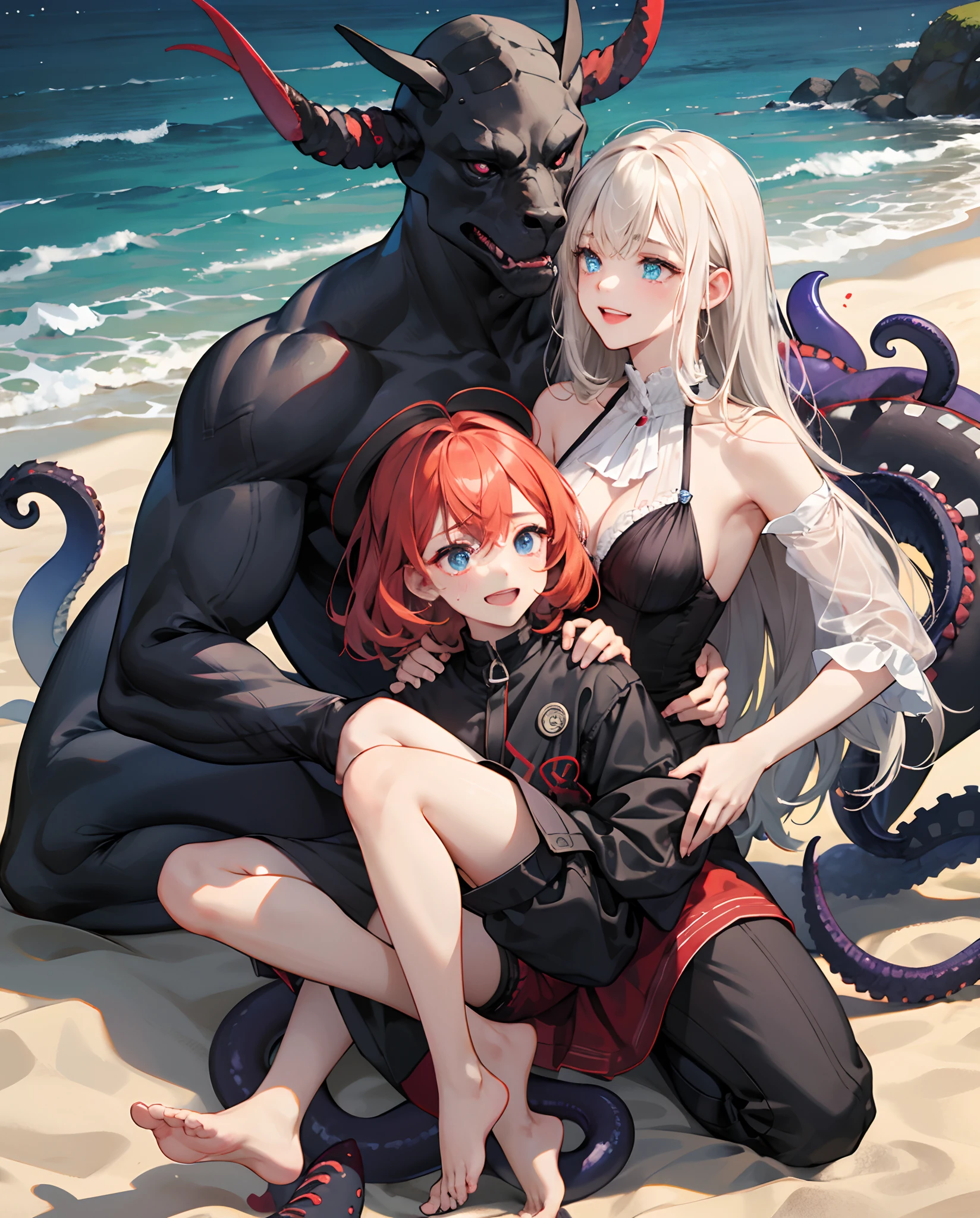 A girlis, zerrissenes schwarzes Hemd、Rote offene haare, schwarze Hose、Sandstrand、Obscenity、kleiner Kopf、Big blue eyes、tears、rotes Rouge、lachender Gesichtsausdruck、Sorrisos、Tentacles tickle the girl's feet very intensely、Mehrere Riesenkraken, Shackle the limbs, Girl sexually aroused, Girl tickled barefoot