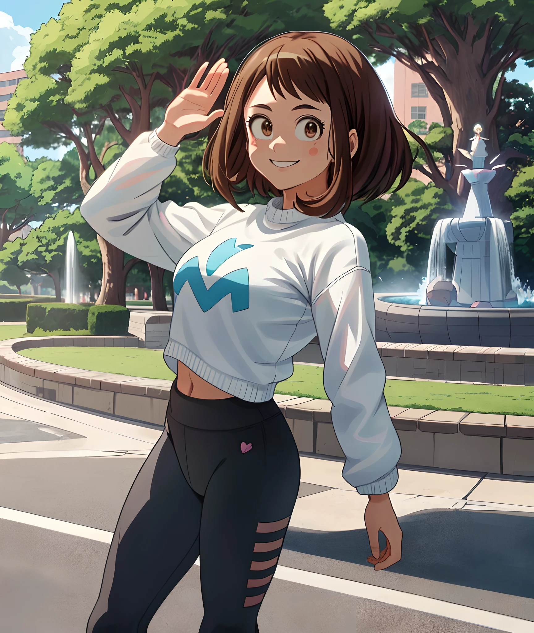 [ochako uraraka], [Boku no hero academia], ((masterpiece)), ((HD)), ((high quality)), ((solo portrait)), ((front view)), ((cowboy shot)), ((anime)), ((Kohei Horikoshi)), ((detailed shading)), ((cel shading)), ((intricate details)), {ochako, (rosy cheeks), big round brown eyes, short brown hair, short eyelashes, large boobs, (gorgeous hips), (beautiful legs), (cute smile)}, {(white sweater), (black spandex yoga pants), (light blue sneakers)}, {(standing), (waving at viewer), (looking at viewer)}, [Background; (park), (grass), (trees), (fountain), (blue sky), (sun rays)]