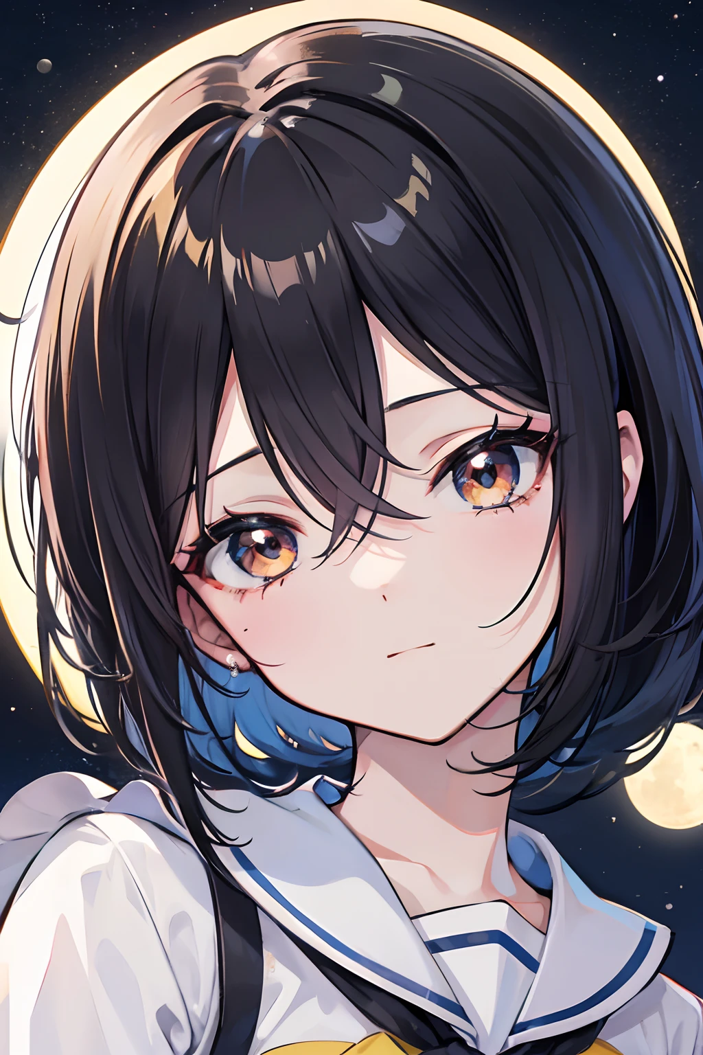 Chica anime, cabello negro, cabello CORTO, feliz, lunar en el pomulo, adolecente