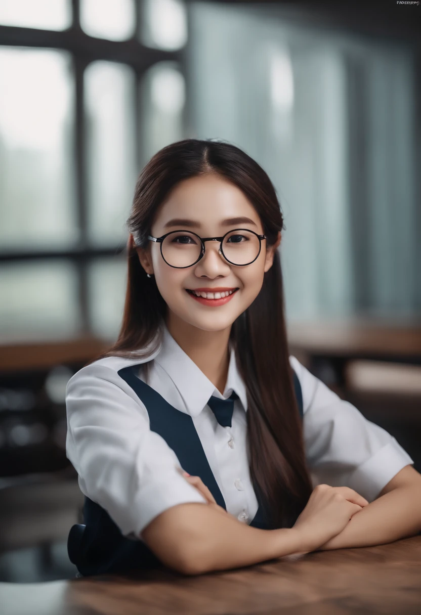 profissional, (Foto 4k:1.1), High detail, Wear uniform clothes, cute girl, Indonesian, smile, glasses, sit on chair, peace pose