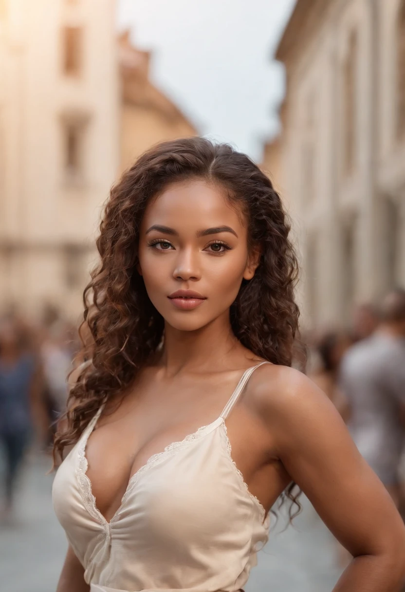 ((Peau africaine claire )), ((Its beauty is undeniable)), ((Excited cute face)), ((Hyper detailed perfect eyes,)), ((pose mignonne)), ((Langue sortie)), ((Seductive )), sexy, (( porte une chemise blanche en soi)), ((Afro ponytail with long African curly hair,)), (( peau)), (( gros seins )), ((debout, vue de face)), ((toucher ses propres jambes dans une pose sexy)), ((dehors, Ville publique)), Sharp Focus CGI, photoreallistic, High detail, Realstic, Masterpiece, absurdes, Best quality, Hdr, High quality, high-definition, Extremely detailed, 8k wallpaper, Intricate details, 8K UHD, Full-HD, (photo