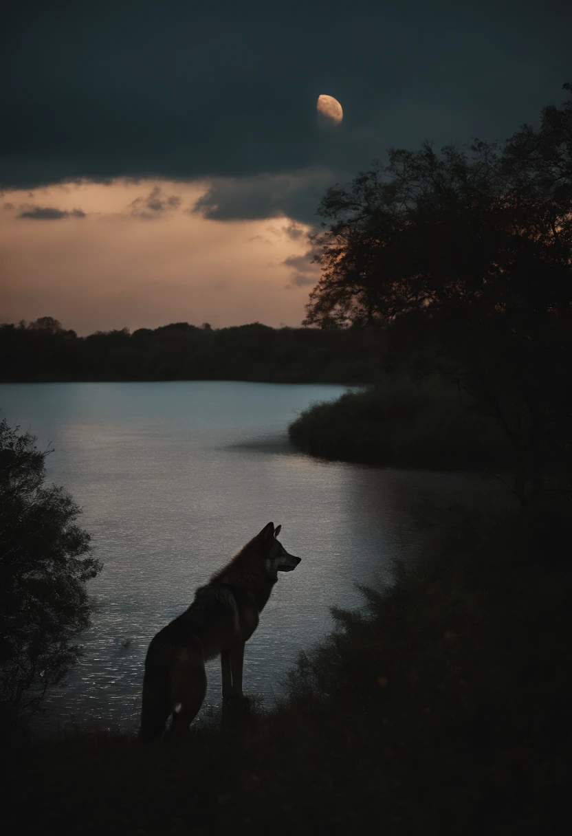 Two wolves each on one side looking at each other in the background It's night with a cloudy sky with a beautiful and big moon illuminating them.((com o nome Between Two Worlds: Blood Pact)), escrito abaixo da foto com uma fonte((cursivas elegantes e escuras.))