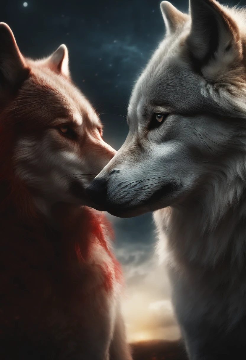 Two wolves each on one side looking at each other in the background It's night with a cloudy sky with a beautiful and big moon illuminating them.((com o nome Between Two Worlds: Blood Pact)), escrito abaixo da foto com uma fonte((cursivas elegantes e escuras.))