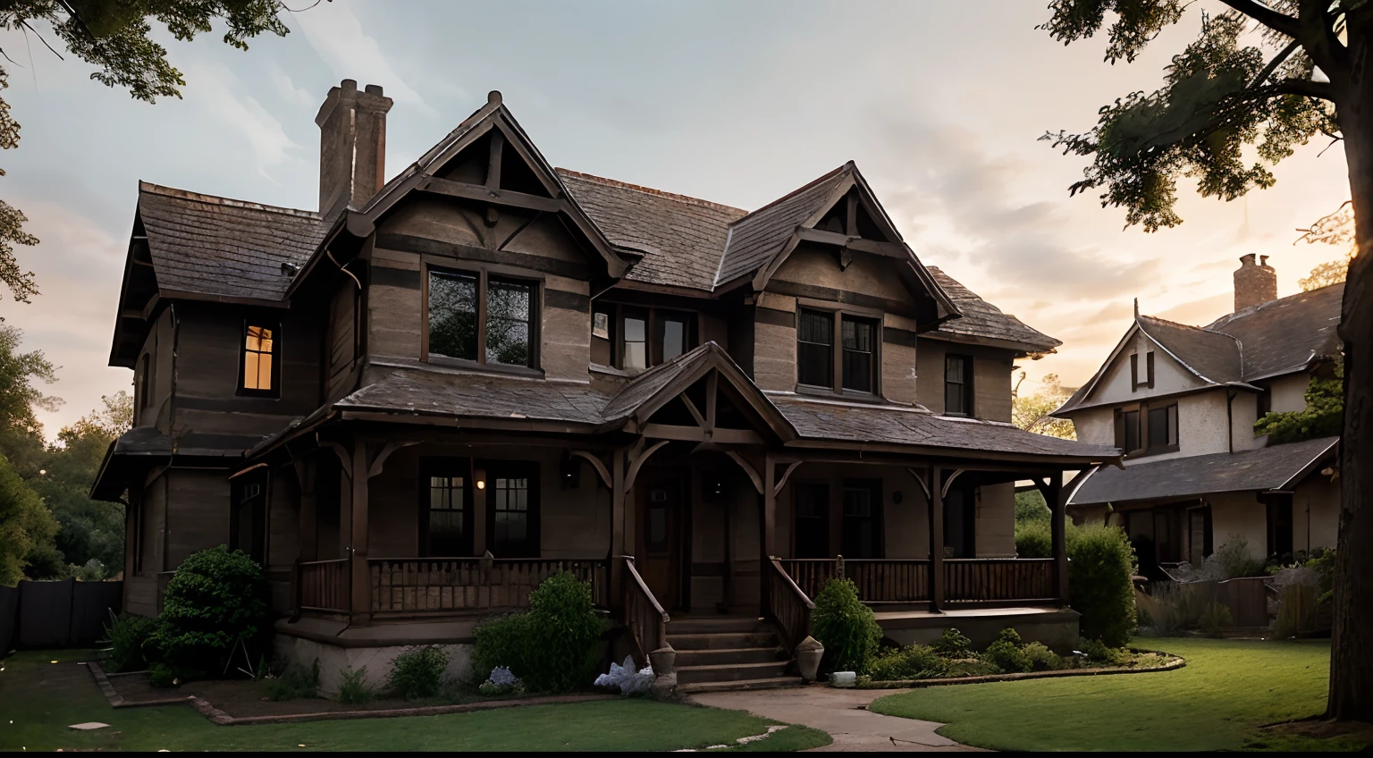 Generate an image of Emily's house, a two-story mansion with a spacious attic and tall windows that span the entire facade. The main facade is covered in dark red bricks, long since faded, giving the house a somber and weathered appearance. Ivy vines crawl up the walls, contributing to the sense of decay and isolation.

The windows of the house are expansive, framed with dark wooden details, with stained glass in some of the rooms. Most windows are adorned with heavy curtains that remain closed most of the time, adding to the air of mystery surrounding the house.

A front porch extends around the main entrance of the house, supported by weathered stone columns. An old wooden swing gently sways on the porch, creating a nostalgic touch.

The garden of the house is wild and lush, with wildflowers, weathered shrubs, and a majestic tree rising in the backyard. The grass is tall and untouched, creating a sense of abandonment, as if the house is isolated from the outside world.

The roof is steep and pointed, covered with dark slate tiles. The chimney stands prominently in the center of the roof, casting a dark shadow against the nighttime sky. The image should capture the eerie and nostalgic atmosphere of Emily's house, with its weathered exterior, overgrown garden, and the sense of history and mystery that surrounds it.