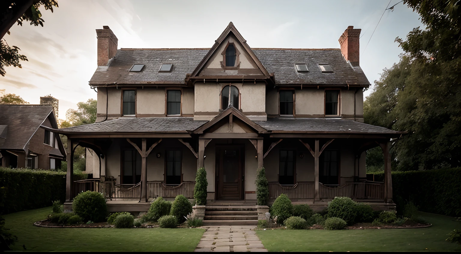 Generate an image of Emily's house, a two-story mansion with a spacious attic and tall windows that span the entire facade. The main facade is covered in dark red bricks, long since faded, giving the house a somber and weathered appearance. Ivy vines crawl up the walls, contributing to the sense of decay and isolation.
The windows of the house are expansive, framed with dark wooden details, with stained glass in some of the rooms. Most windows are adorned with heavy curtains that remain closed most of the time, adding to the air of mystery surrounding the house.
A front porch extends around the main entrance of the house, supported by weathered stone columns. An old wooden swing gently sways on the porch, creating a nostalgic touch.
The garden of the house is wild and lush, with wildflowers, weathered shrubs, and a majestic tree rising in the backyard. The grass is tall and untouched, creating a sense of abandonment, as if the house is isolated from the outside world.
The roof is steep and pointed, covered with dark slate tiles. The chimney stands prominently in the center of the roof, casting a dark shadow against the nighttime sky. The image should capture the eerie and nostalgic atmosphere of Emily's house, with its weathered exterior, overgrown garden, and the sense of history and mystery that surrounds it.