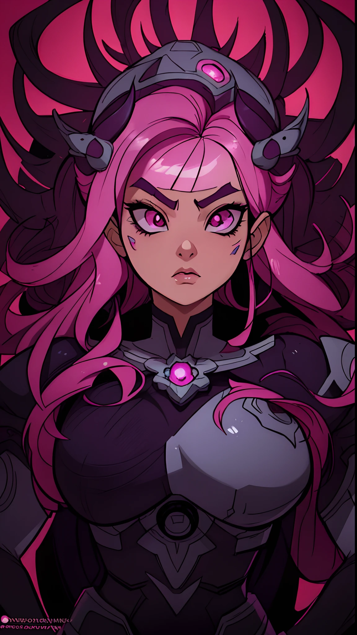 a close up of a Mecha babe with pink hair, is she looking down at viewer or seducing the viewer (with a demon like face), extremely detailed cartoon, artgerm and rossdraws, artgerm detailed, rossdraws sakimimichan, lolth, artgerm comic, very slow medusa gaze or is she tempted me (tell me, I need answers, good artwork that's commissioned), :: rossdraws, trending art-gem, rossdraws 1. 0, rossdraws 2. 0, next robot waifu, lips slightly open, good quality