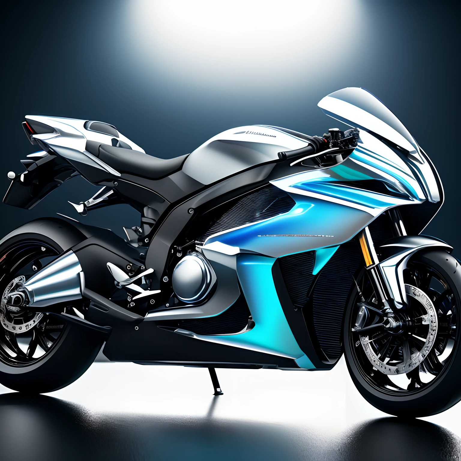 finest image, (8k, RAW photo, realistic), a streamlined motorcycle of the future, crafted with chrome-plated mirror-finish iridescent metal parts and faceted cut and round brilliant cut iridescent jewelry parts, blurry background black iridescent light particles, fine water droplets, detailed and delicate depiction, professional lighting, 3d render digital art