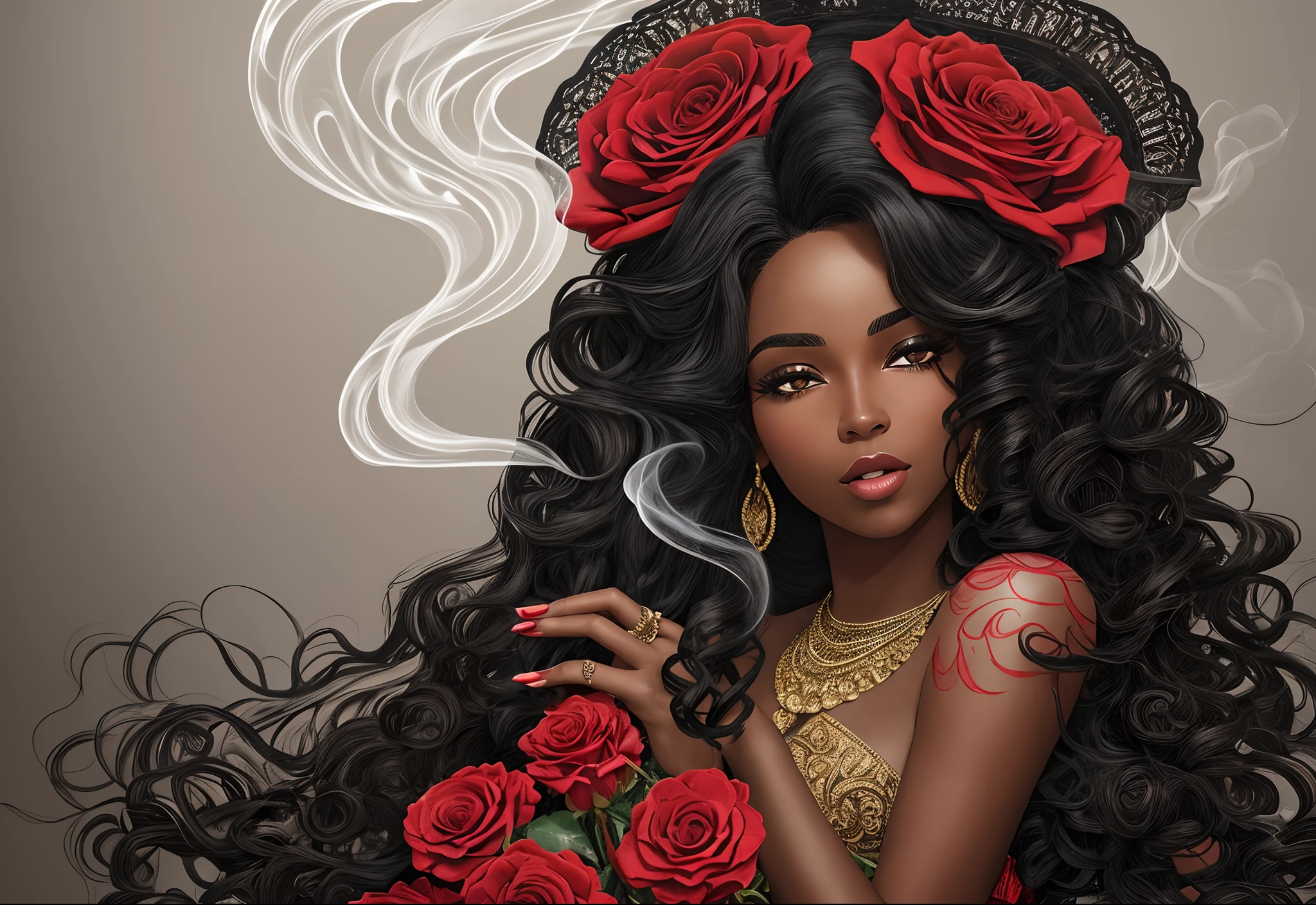 intricately detailed illustration of a woman with black hair, long and volumous curly hair, red rose in her left side of the hair, slightly dark skin, vibrant red dress with small slit with a black fabric underneath in the bottom showing just in the middle, smoking a cigarrete, full body shot, fantastical, imaginative, visually rich, atmospheric, brazilian african religion reference. --auto --s2