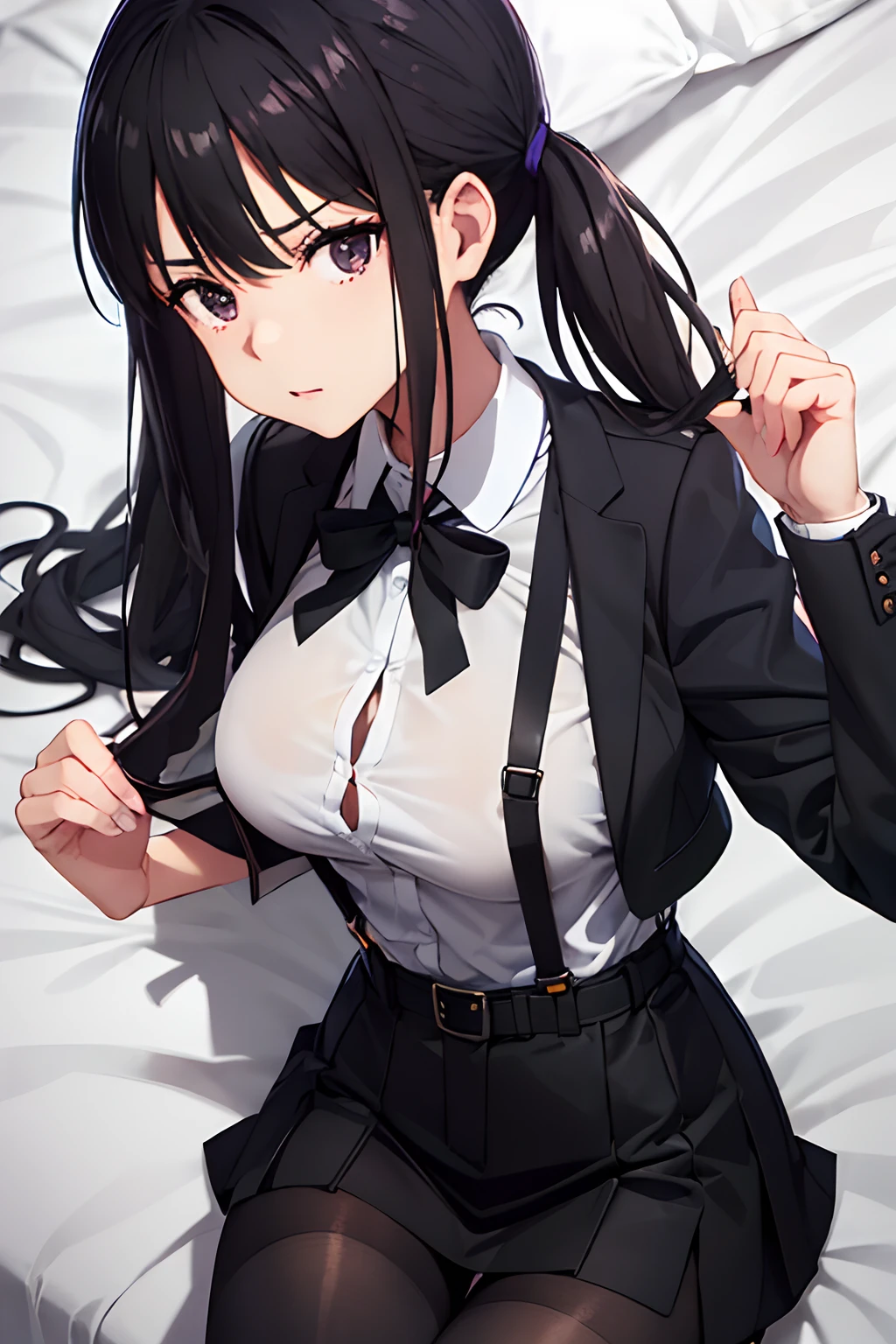 Suit,Collared shirt,Belt bag,Suspenders Black Miniskirt　garterbelts　knee high　Stockings　Black Niso　Colorcon armpit sweat　perspiring　Side of both hands,Black jacket,Gaze,ample bosom,Armpit sweat,Exposing the armpits"Tight clothes、Raise your hands、wristbands　Lying in bed　　　Behind the back　closing eye　condoms