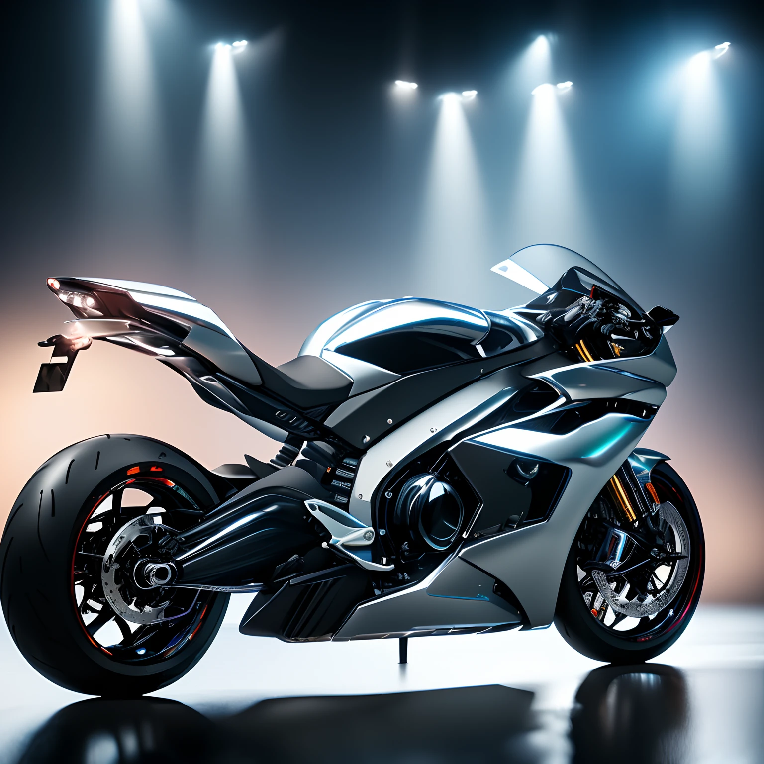 finest image, (8k, RAW photo, realistic), a streamlined motorcycle of the future, crafted with chrome-plated mirror-finish iridescent metal parts and faceted cut and round brilliant cut iridescent jewelry parts, blurry background black iridescent light particles, fine water droplets, detailed and delicate depiction, professional lighting, 3d render digital art