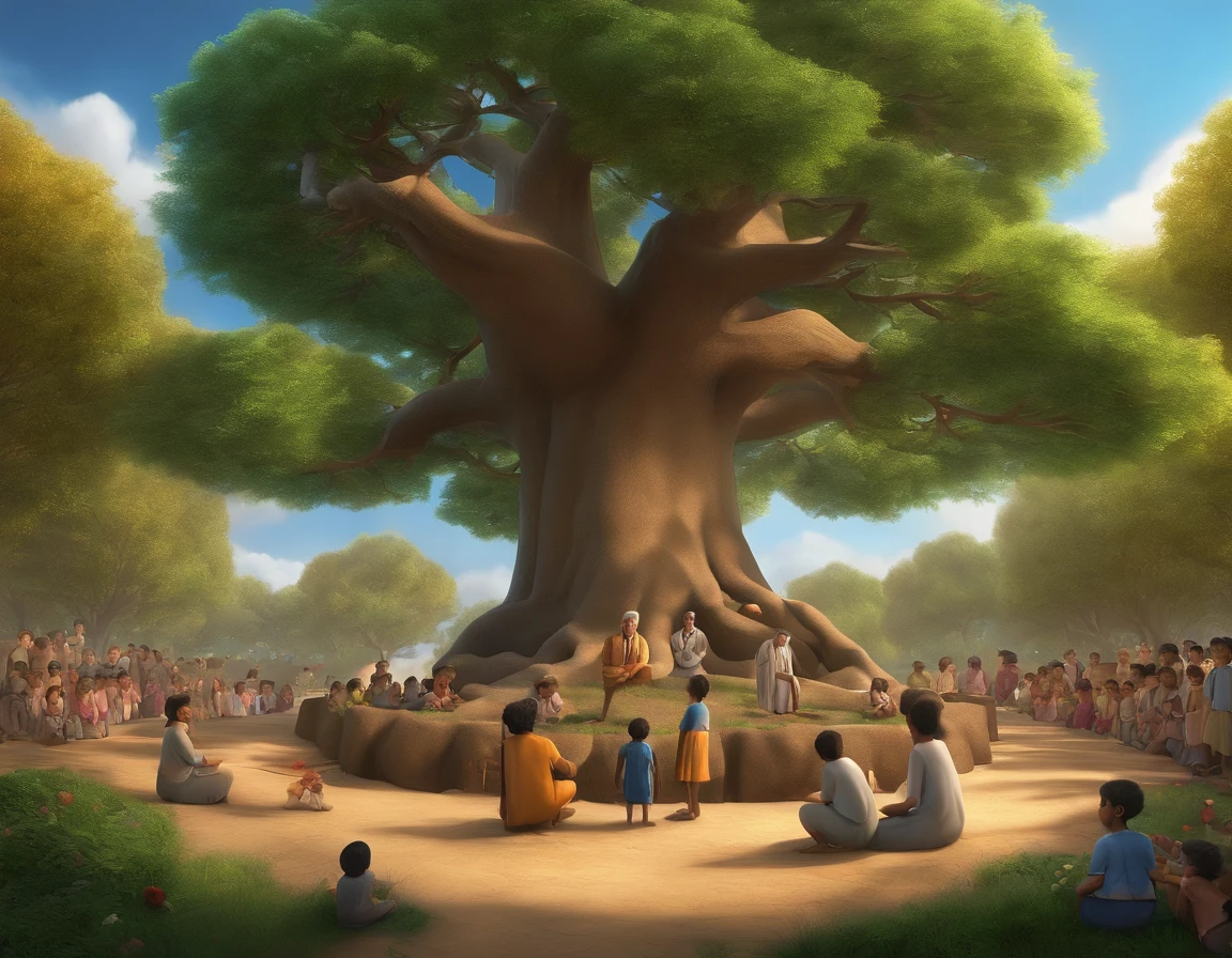 Greatest Masters in the History of Mankind、Teacher in Genesis、Under the Great Tree、Teacher preaching to children、Drawing a teacher with a large tree in the background、ultra detalhado, hyper sharp, best quality, cartoon 3d