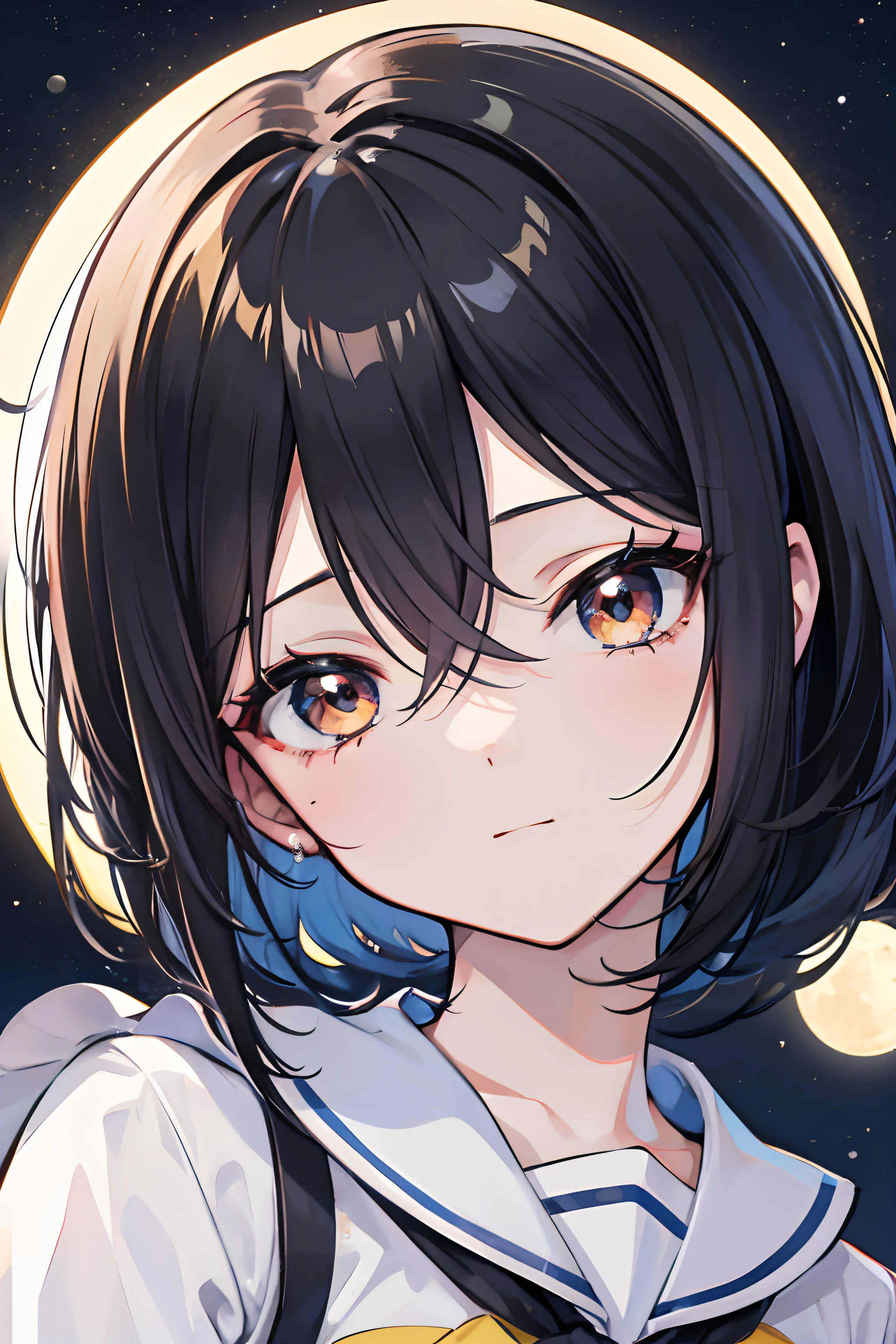 Chica anime, cabello negro, cabello CORTO, feliz, lunar en el pomulo, adolecente