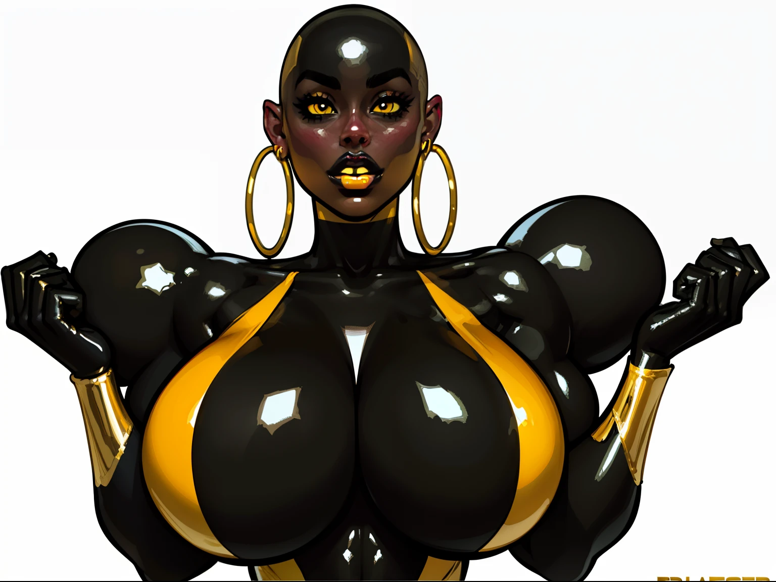 ((masterpiece)),(((best quality))),((character sheet)), ((full body view)) ((black woman)) ((skinhead:1.4)) ((confident pose)) mature face, defined cheekbones, high cheekbones, illustration, girl, muscular, ((bald:1.4)), sexy bimbo, (gigantic breasts:1.7), ((detailed face:1.4)) beautiful woman, (yellow leotard:1.4), (gold hoop earrings:1.6), (thighhighs:1.4) (yellow lips:1.6) , shiny skin, scribbles and marks,(puffy lips:1.5) , rough sketches, 8k,16k, (simple background, white background: 1.3), black color palette, (black skin:1.5)