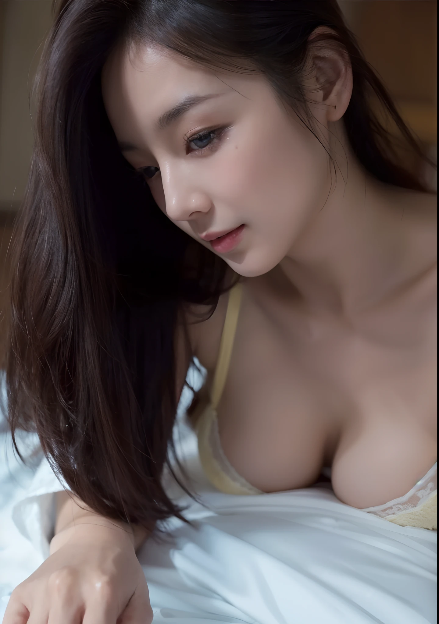 (top-quality、8k、masterpiece:1.3)、Beautiful Women in Perfect Figure:1.4、dark brown hair、extremely detailed face and skin、A detailed eye、二重まぶた、huge tit、a smile、g-cup、teats