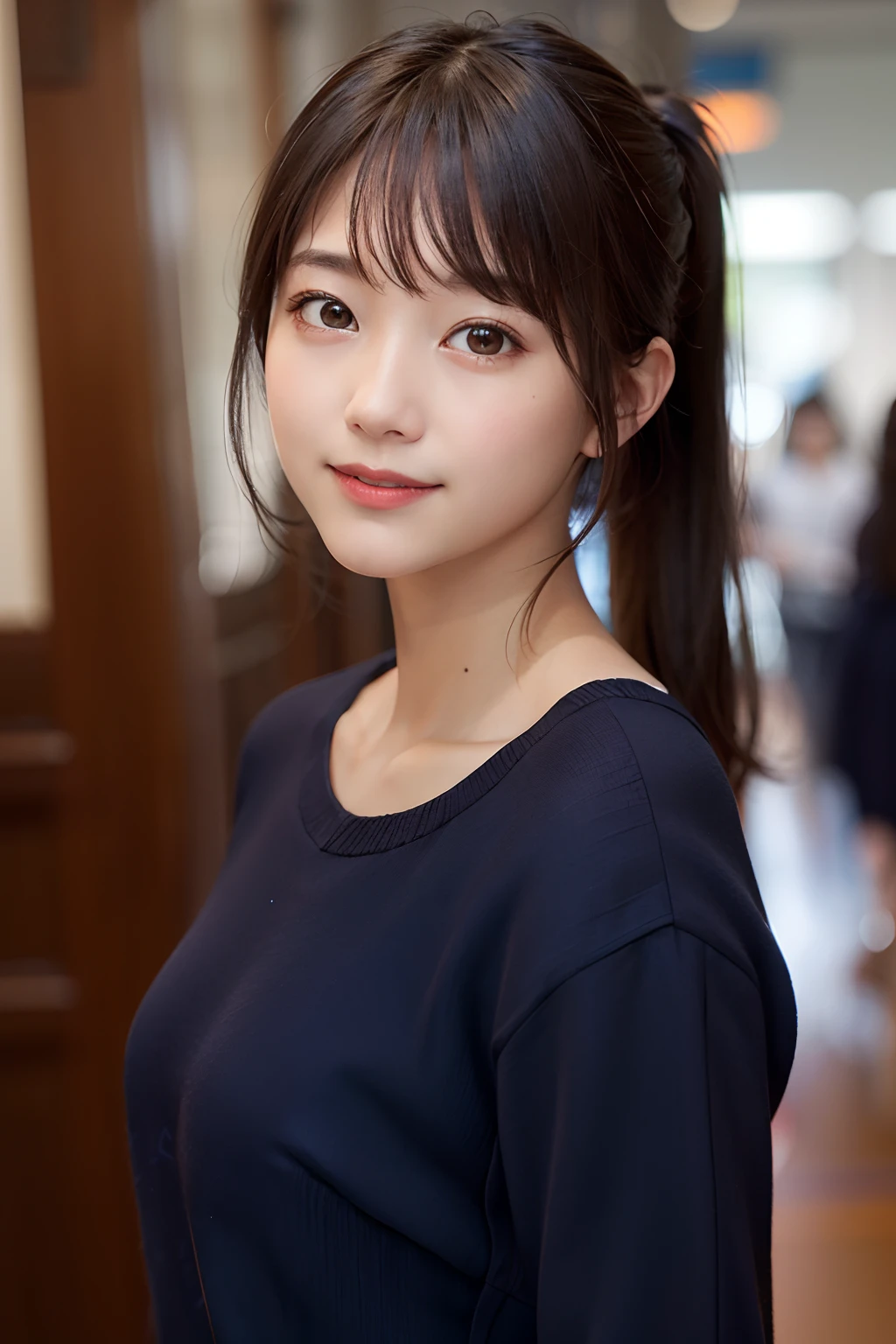 (8k、RAW Photography、top-quality、masterpiece:1.2)、(realisitic、Photorealsitic:1.37)、ultra-detailliert、超A high resolution、1人、see the beholder、beautifull detailed face、a smile、Constriction、(slim waist) :1.3)、The shirt、Beautiful detailed skin、Skin texture、floated hair、profetional lighting、Ponytail hair