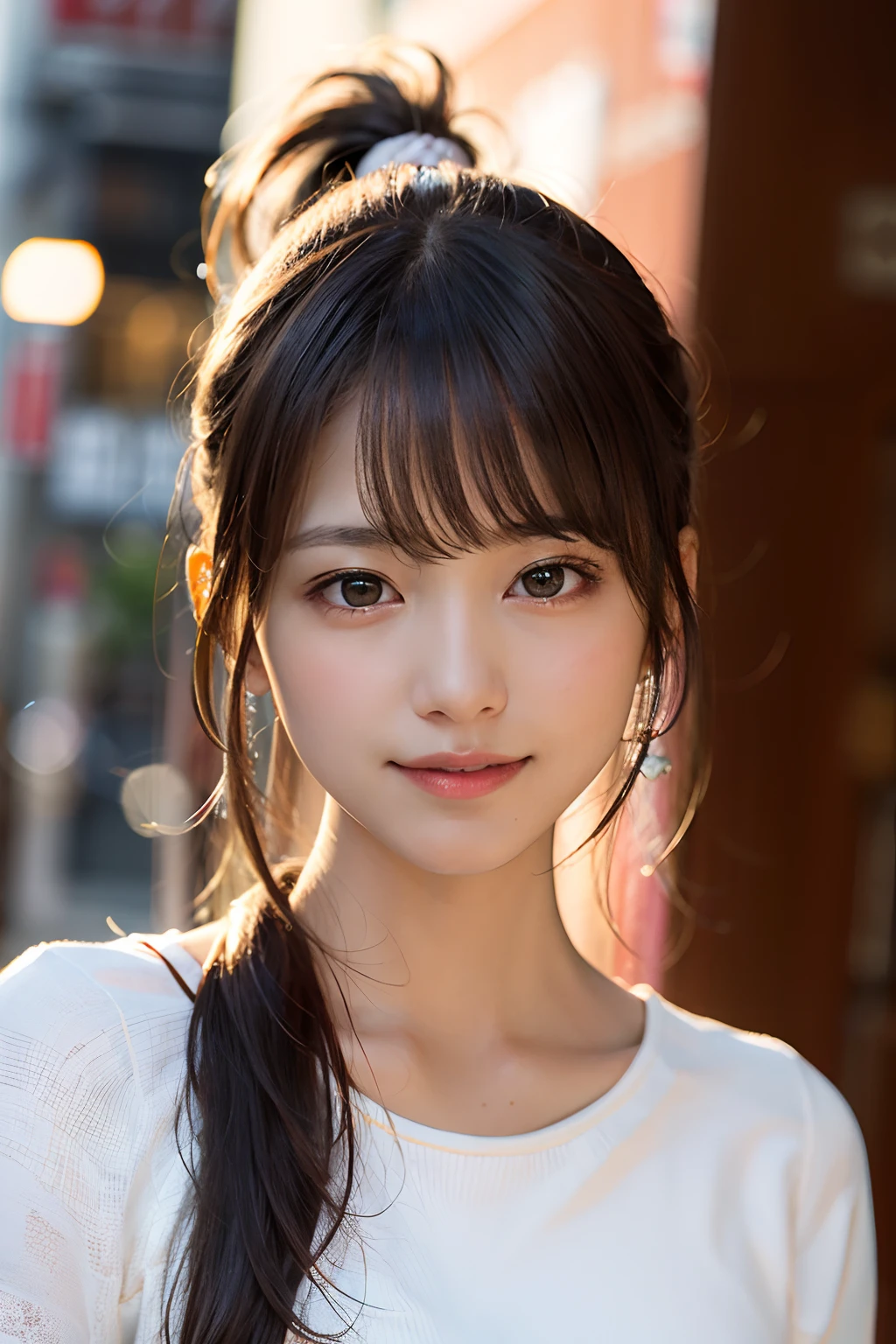 (8k、RAW Photography、top-quality、masterpiece:1.2)、(realisitic、Photorealsitic:1.37)、ultra-detailliert、超A high resolution、1人、see the beholder、beautifull detailed face、a smile、Constriction、(slim waist) :1.3)、The shirt、Beautiful detailed skin、Skin texture、floated hair、profetional lighting、Ponytail hair