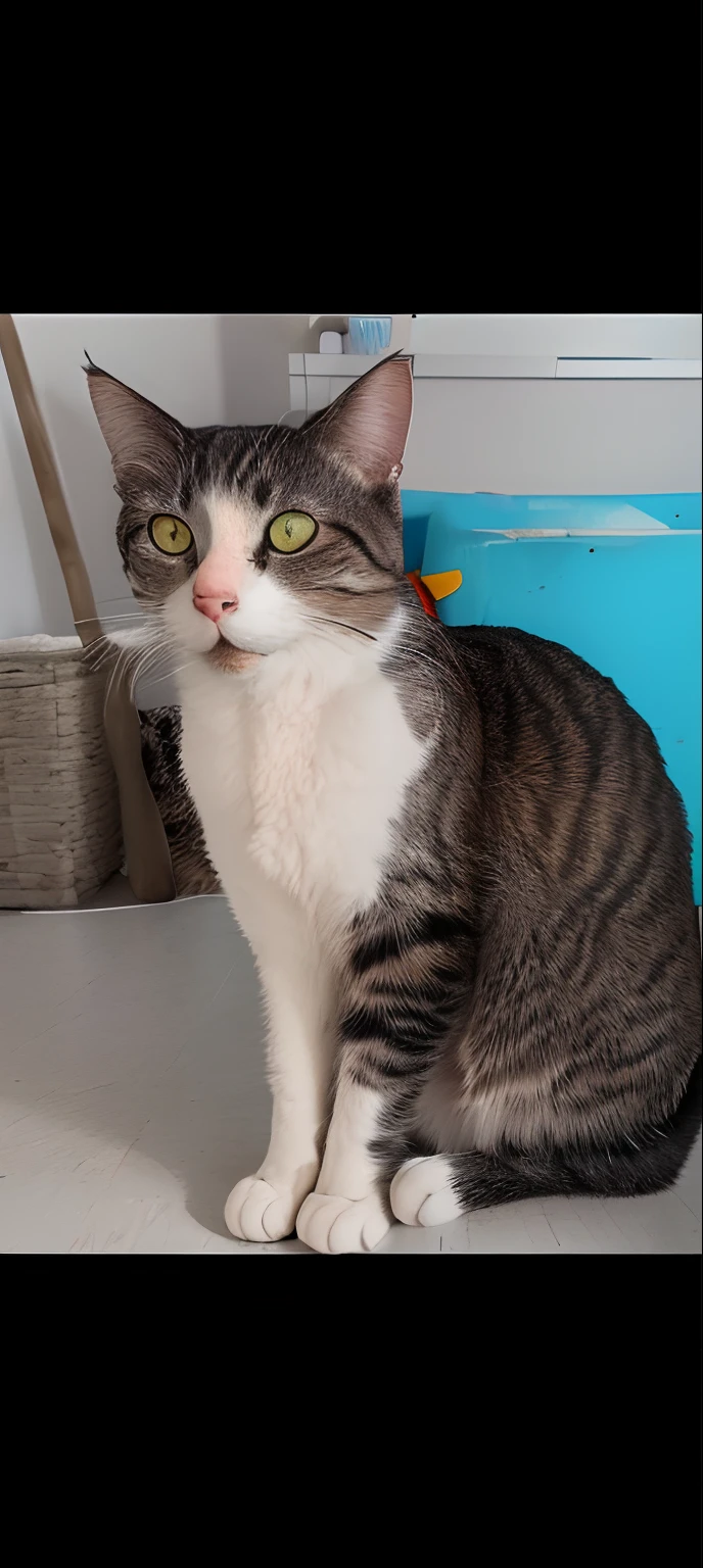 There's a cat sitting on the floor, cat female with a whit and chest, bela imagem de vira-lata, um bonito, tabaxi macho, foto de um gato, ela tem cerca de 1 6 anos de idade, muito bonito, staring directly at camera, Fotografia de Abril, Tomado com Sony Alpha 9, ele tem cerca de 2 5 anos de idade