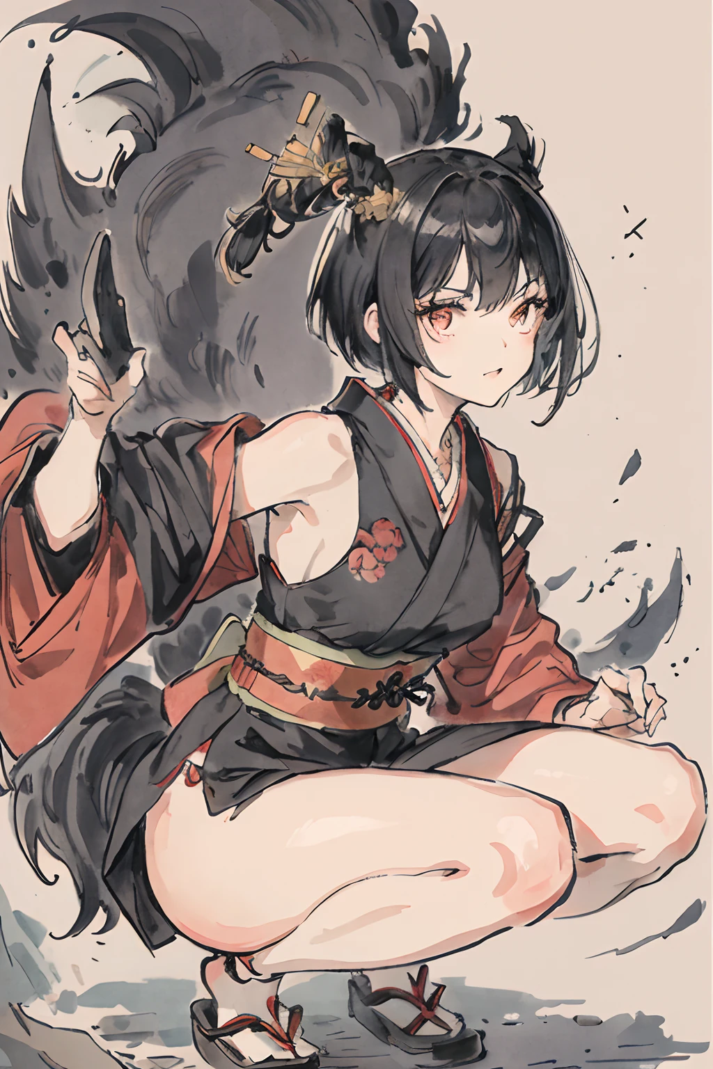 masutepiece, Best Quality, ultra - detailed， natta、 Black hair, 4K,1girll，独奏，Delicate face，Kimono、A black、Good youth、Combat readiness、Looking at the camera、Ready、Lively、180 cm、girl with、short-cut、Cute and cool、Long body、thighs thighs thighs thighs、tall、Short hair、short-hair、tall、tall、Laugh、Squatting